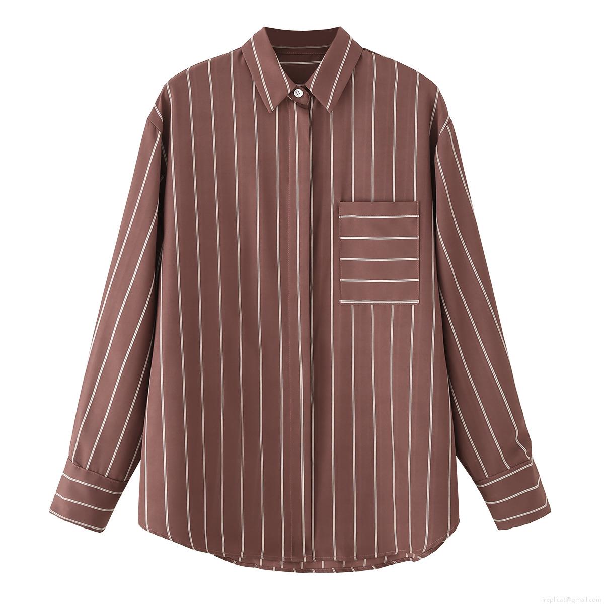 Women's Fashion Striped Shirt Long Sleeve Lapel Collar Button Down Blouse With Pocket Casual Office Commute Polyester Tops For Lady