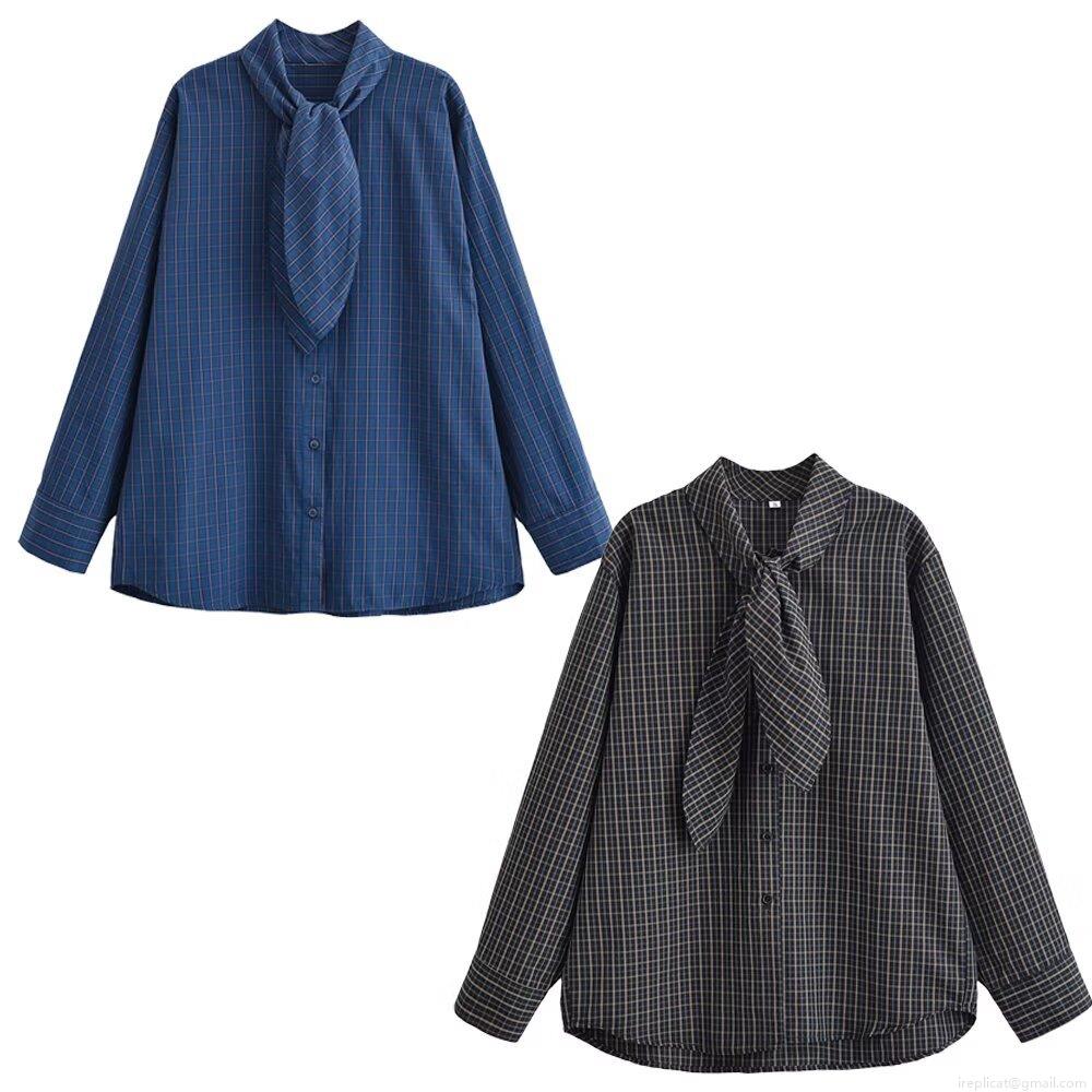 Women's Plaid Long Sleeve Blouse With Bow Tie Neck Casual Polyester Button Down Shirt For Daily Wear Autumn Winter Fashion Stylish Checked Top