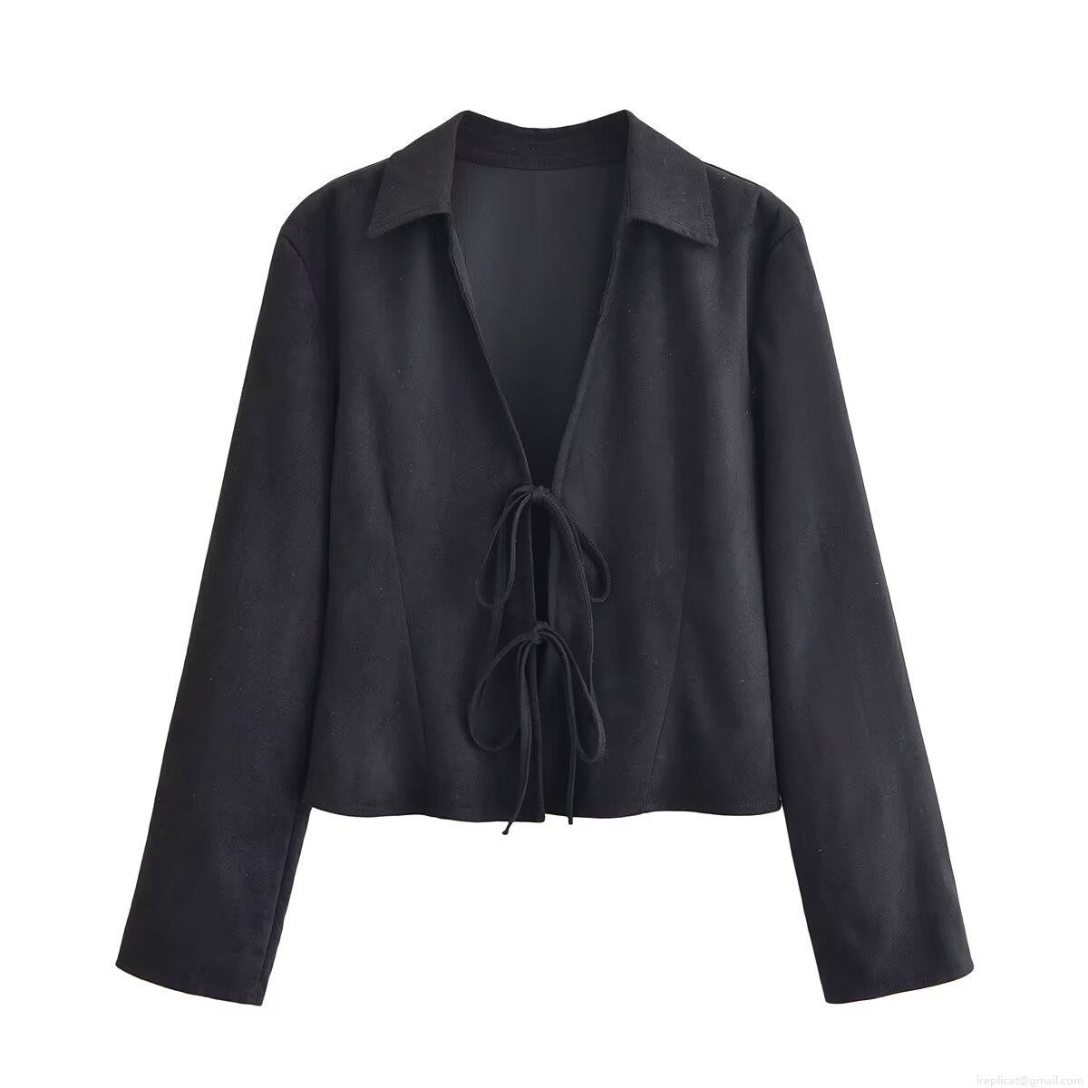 Elegant Women's Black Faux Suede Blouse Long Sleeve Tie-up Bow Front Slim Fit Top For Casual Party Dating