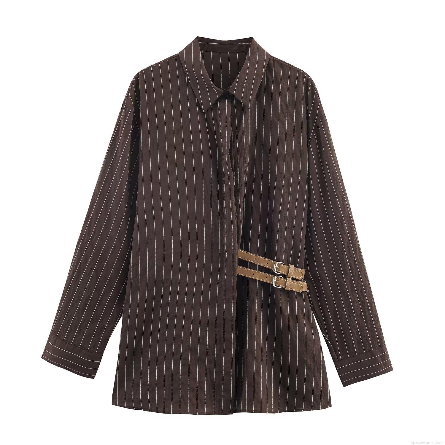 Women Stripe Shirt Polyester Poplin Side Buckle Decor Long Sleeve Daily Commuting Office Casual Elegant Lady Blouse Tops Fashion Streetwear