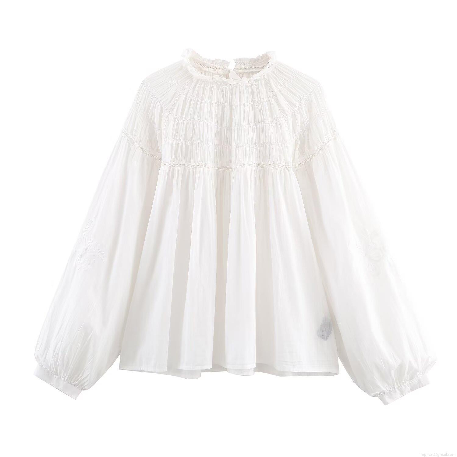 Women's Elegant White Combed Cotton Blouse Smocking Embroidery Long Bubble Sleeve Shirt Ruffle Stand Collar Casual Chic Poplin Top