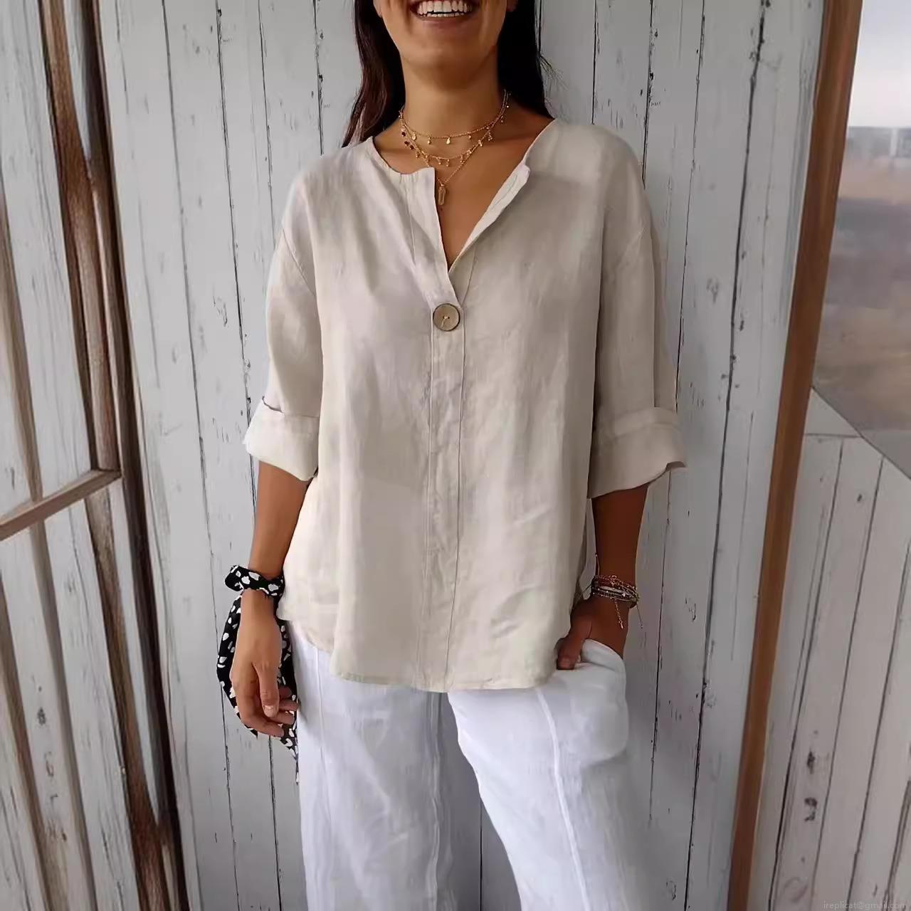 Women's Summer V-Neck Ramie Polyester Blend Blouse Loose Button Decor 3/4 Sleeve Casual Solid Color Shirt Top
