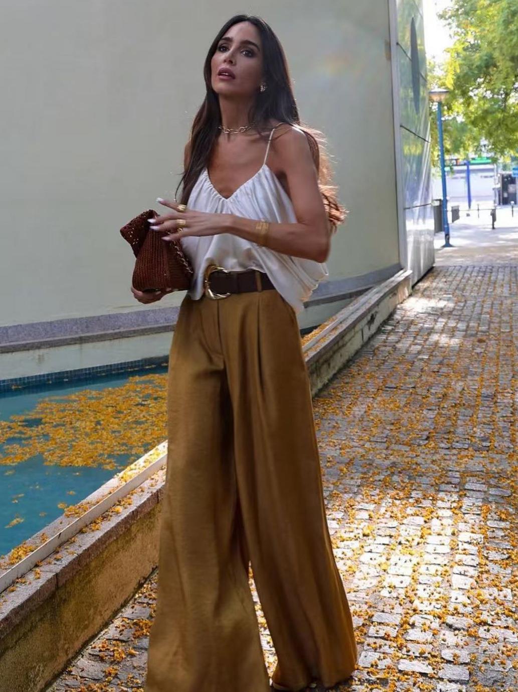 Women's Satin Wide Leg Pants High Waist Straight Trousers With Belt Fashion Streetwear Casual Long Pants Solid Color Leopard Print Elegant Bottoms