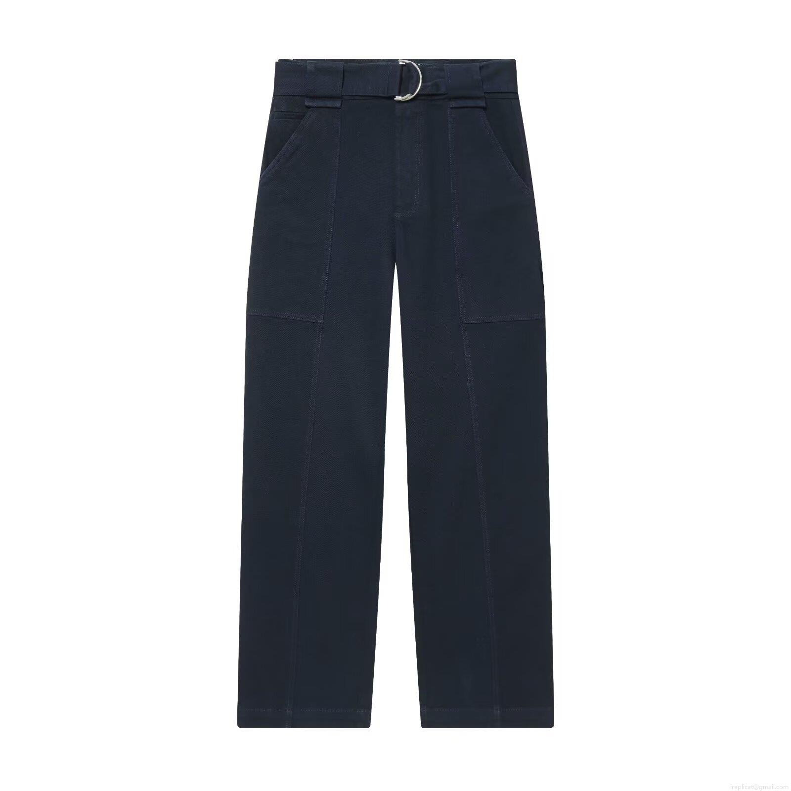 Women's Straight Leg Casual Pants With D-Ring Belt Navy Blue Polyester High Quality Fashion Long Trousers Streetwear Bottoms For Autumn Winter