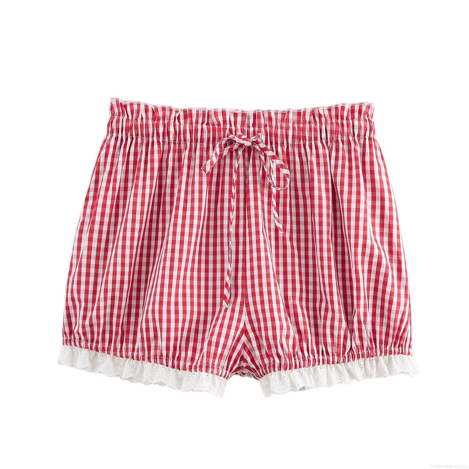 Women's Casual Gingham Patchwork Shorts High Waist Elastic Drawstring Bow Lace Trim Short Pants Summer Sweet Streetwear Polyester Women's Bottoms