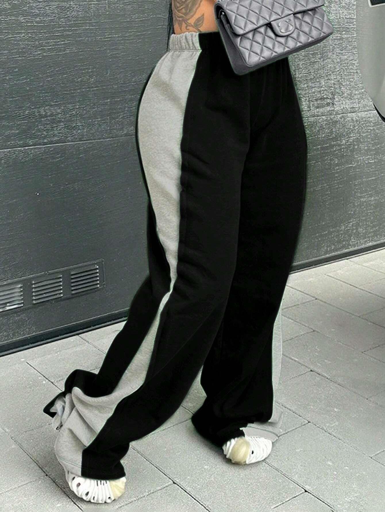 Women's Fashion Color Block Wide Leg Pants Loose Elastic Waist Casual Sweatpants Autumn Winter Knit Streetwear Trousers