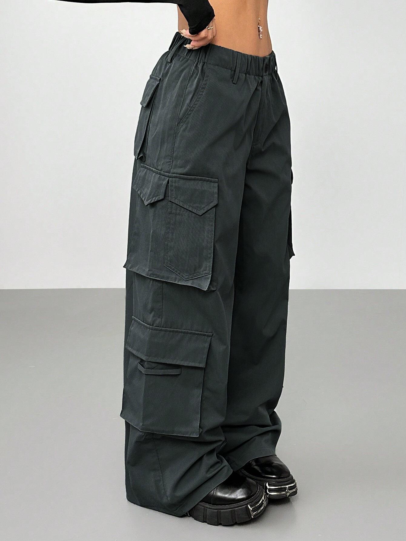 Women High Waisted Cargo Pants 100% Polyester Wide Leg Multi-Pocket Elastic Waist Streetwear Casual Vintage Y2K Style Loose Trousers For Women