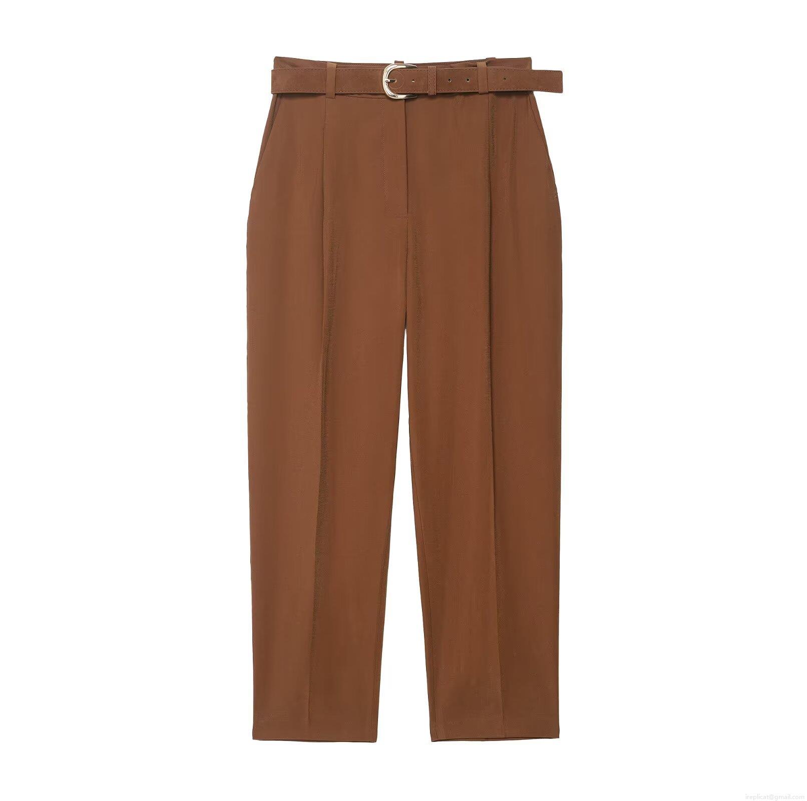 Women's Casual Straight Leg Pants 100% Polyester High Waisted Trousers With Belt Solid Color Office Commute Streetwear Fall Fashion For Women