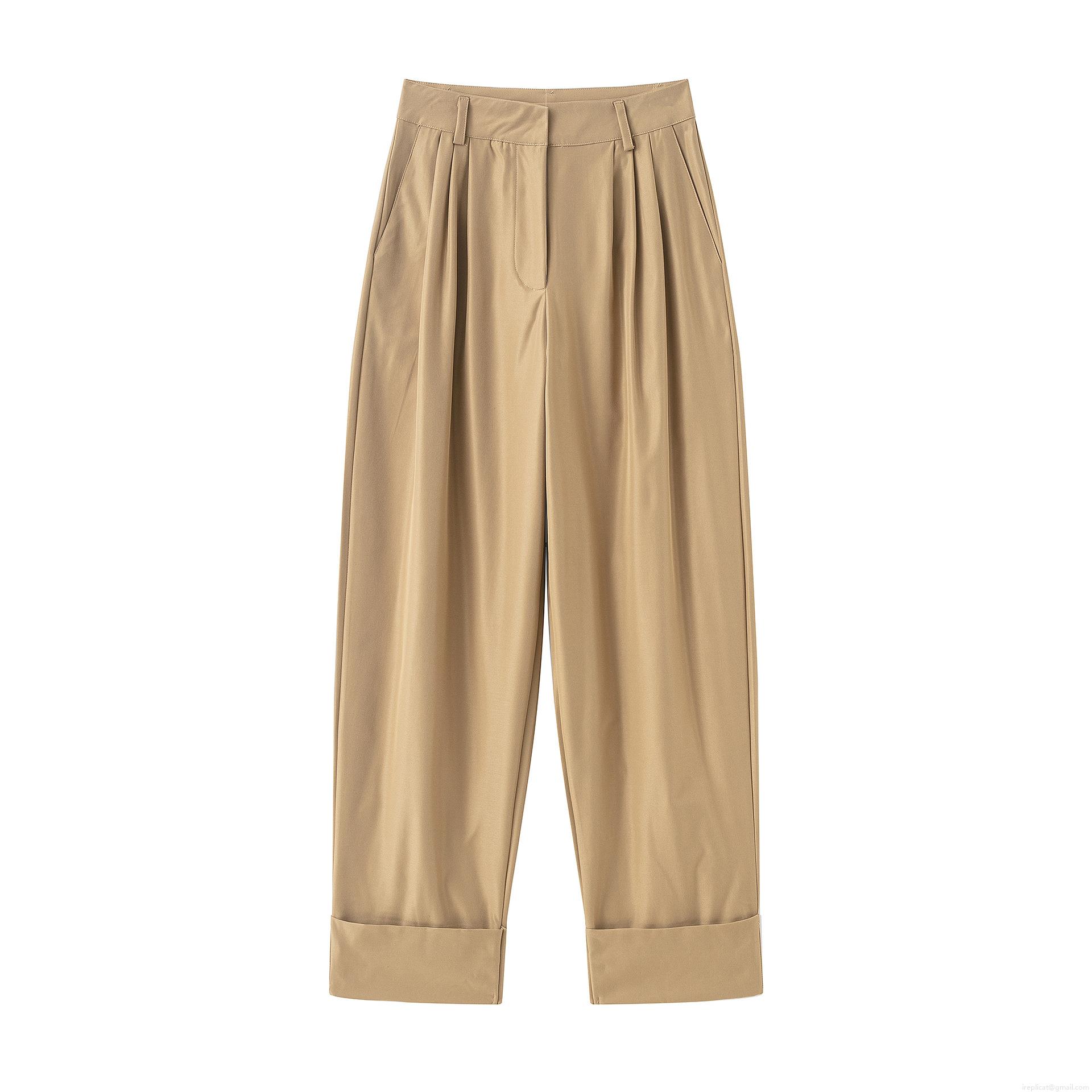 Women's Casual Wide Leg Pants 100% Polyester Mid Waist Pleated Trousers Khaki Solid Color Straight Long Pants Streetwear For Daily Office Commuting Cuffed Hem Loose Fitting Female Bottoms