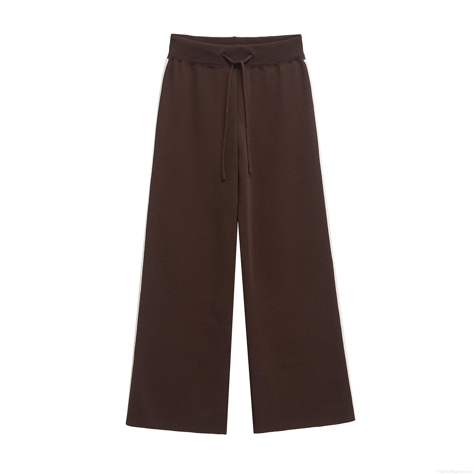 Women's Casual Knitted Wide Leg Pants Contrast Side Stripes Drawstring Elastic High Waist Straight Trousers Minimalist Fashion Long Sweatpants For Spring Daily Wear