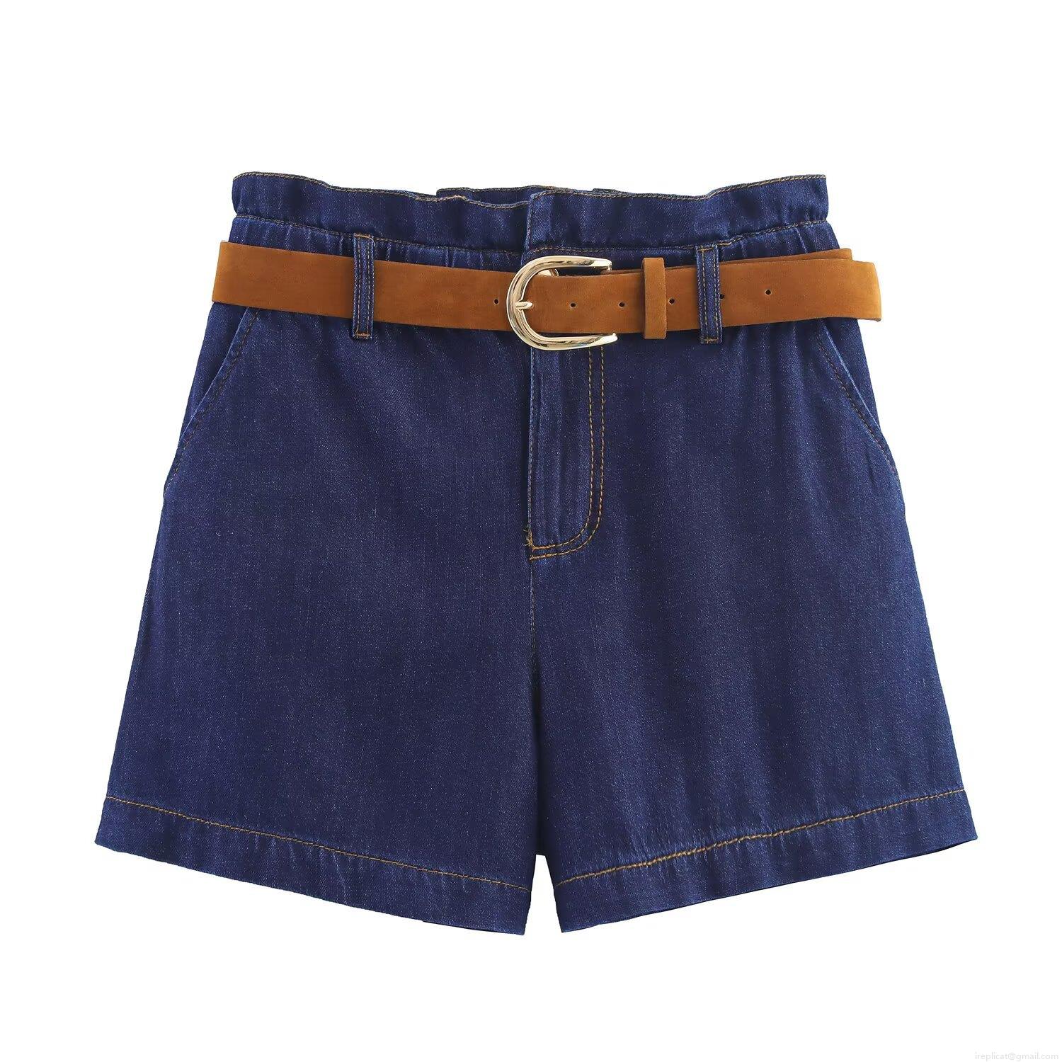Women's Casual High Waisted Denim Shorts With Belt Minimalist Summer Cotton Blend Loose Fit Paper Bag Shorts For Daily Wear Women