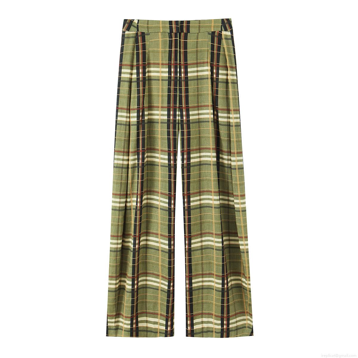 Women's Casual High Waist Plaid Wide Leg Pants Vintage Green Cotton Linen Blend Loose Straight Trousers For Summer Daily Vacation
