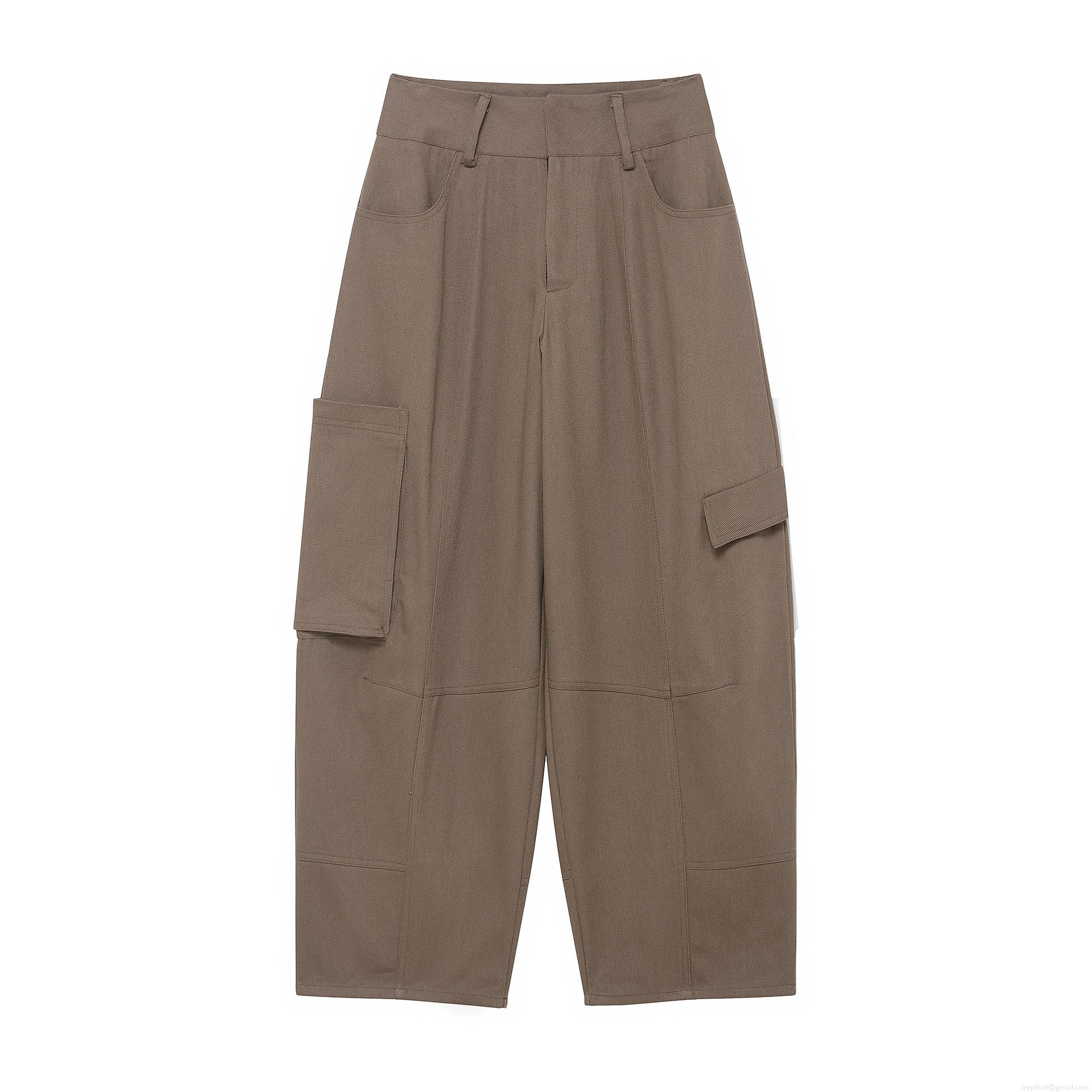 Women High Waist Cargo Balloon Pants Loose Wide Leg Workwear Trousers With Multi Pockets Solid Color Polyester Twill Casual Streetwear Pants