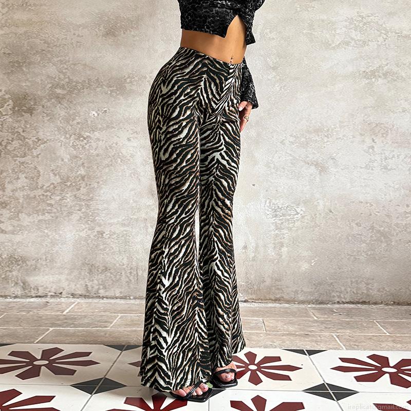 Women's Sexy Animal Print Flared Pants Rhinestone Zebra Tiger Pattern High Waist Bell Bottoms Polyester Spandex Flaring Trousers Streetwear