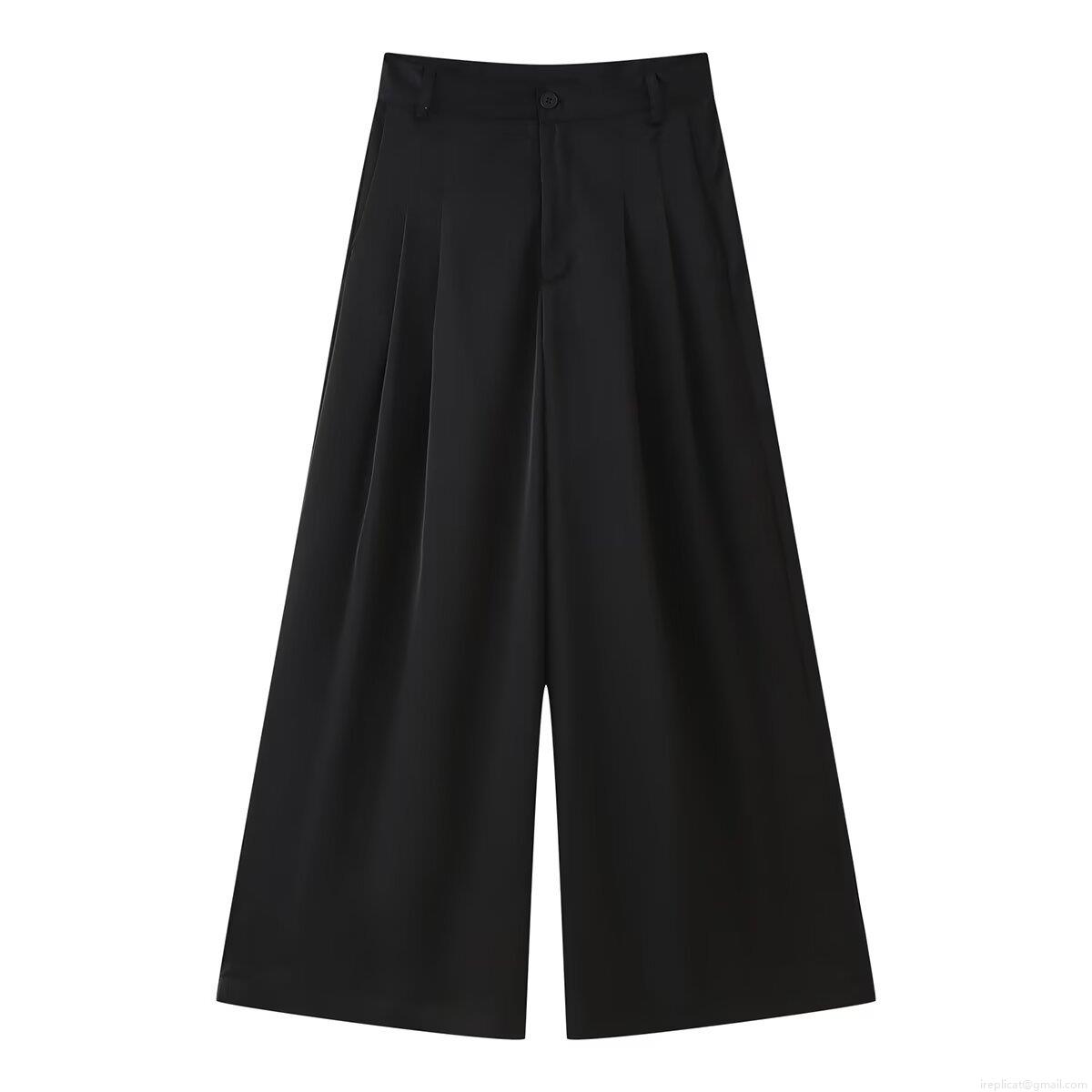 Women's Elegant High Waist Wide Leg Pants 100% Polyester Satin Solid Black Pleated Front Loose Fit Long Trousers Casual Office Daily Wear For Lady