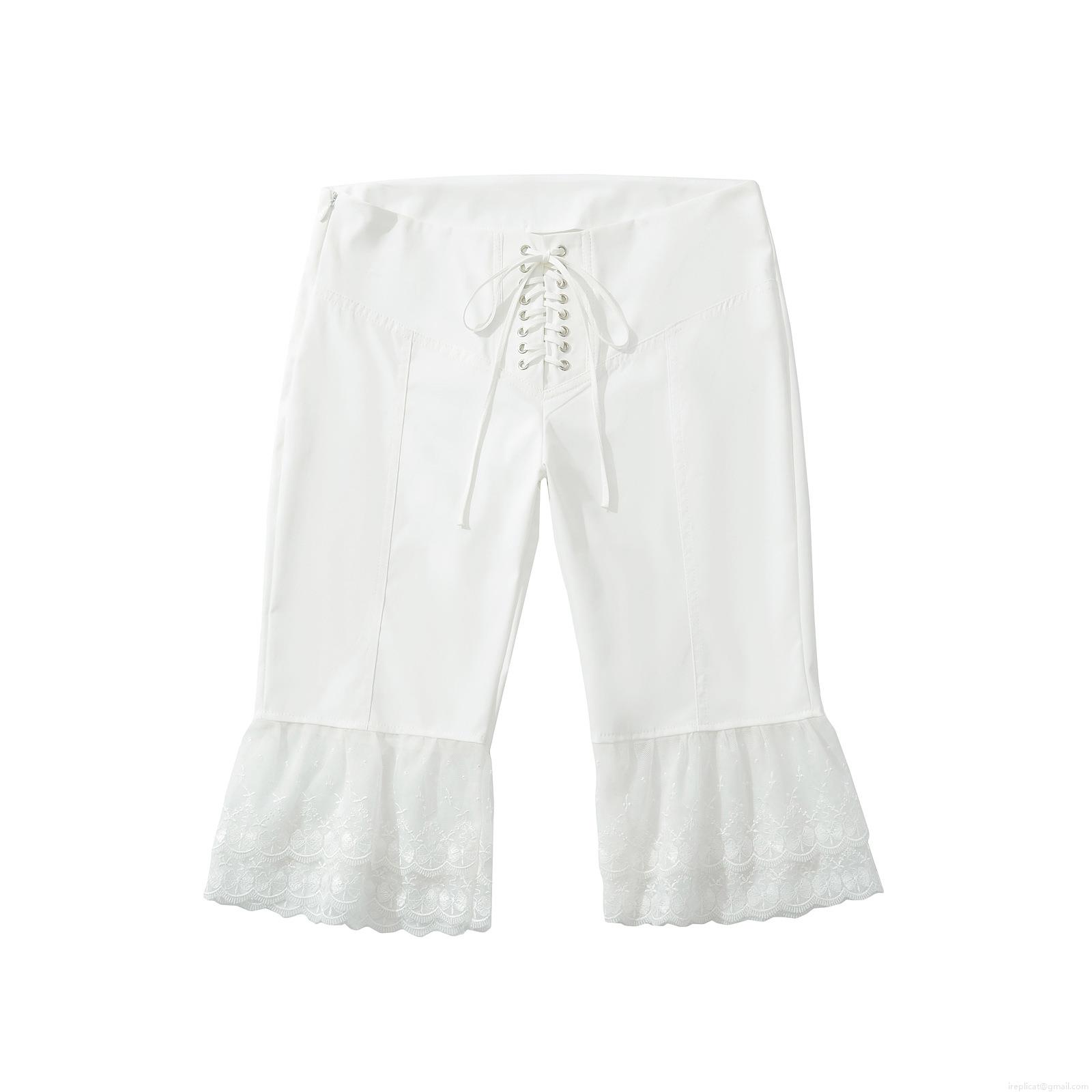 Women's Sweet White Lace Hem Shorts High Waist Drawstring Cotton Blend Summer Beach Boho Hot Pants With Metal Eyelets