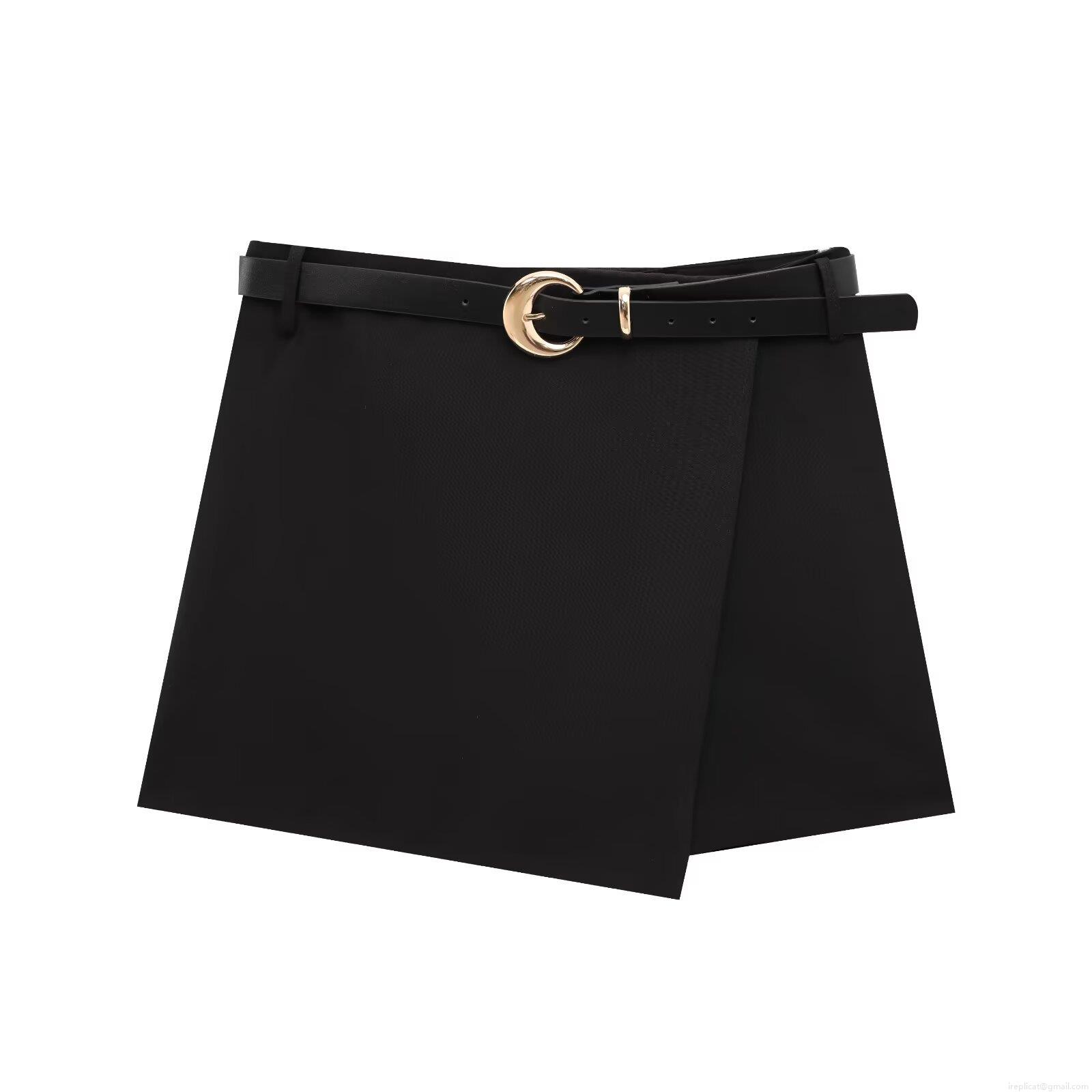 Women's High Waisted Skorts With Moon Buckle Belt Polyester Wrap Short Pants For Office Daily Fashion Black Slim Fit Skorts