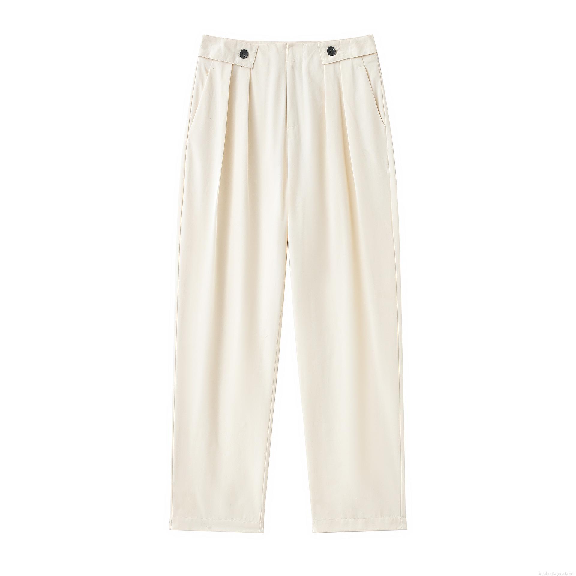 Women High Waist Tapered Casual Pants 100% Polyester Solid Color With Decoration Buttons Pleated Trousers For Office Commuter Lady Streetwear Standard Fit Long Bottoms