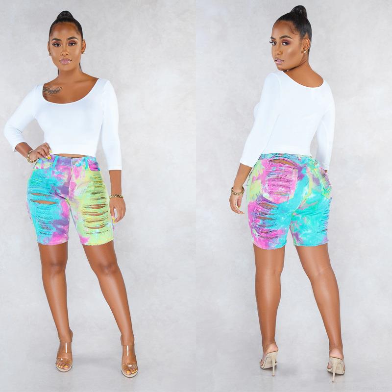 Women's Tie Dye Distressed Denim Shorts High Waist Raw Hem Multi-Color Ripped Jean Shorts Streetwear Summer Casual Denim Bottoms