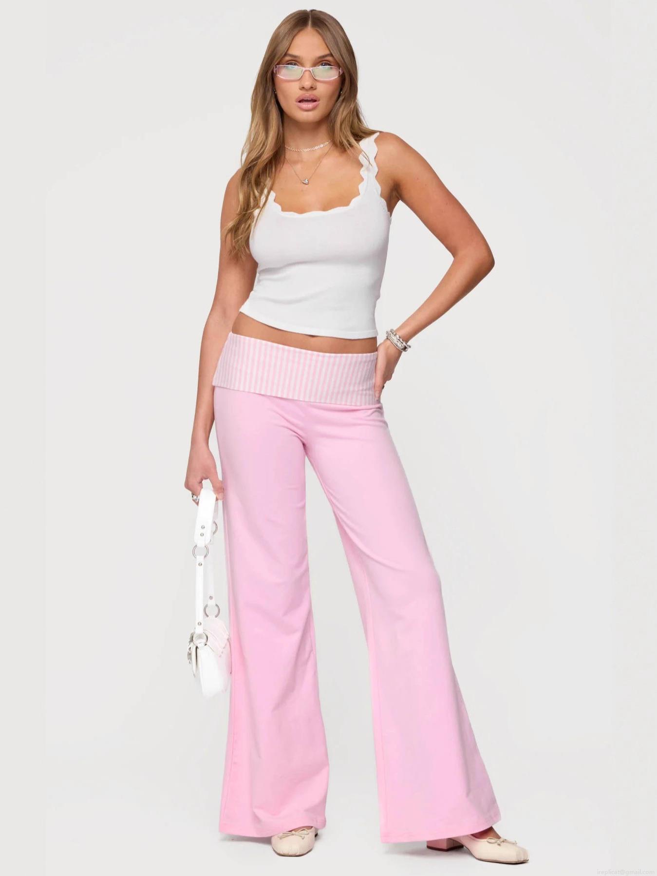 Women's Casual Wide Leg Pants Polyester Spandex Blend Low Waist Foldover Waistband Stripe Polka Dot Detail Daily Streetwear Lounge Trousers American Style Y2K Aesthetic