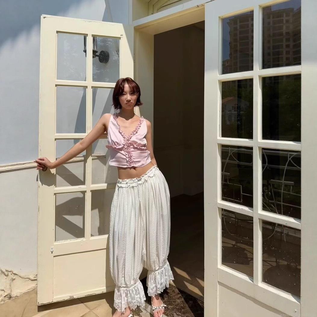 Women's Sweet Vacation White Lace Trim Lantern Pants High Waist Drawstring Loose Bloomers Pumpkin Trousers Soft Rayon Nylon Blend Casual Summer Fashion