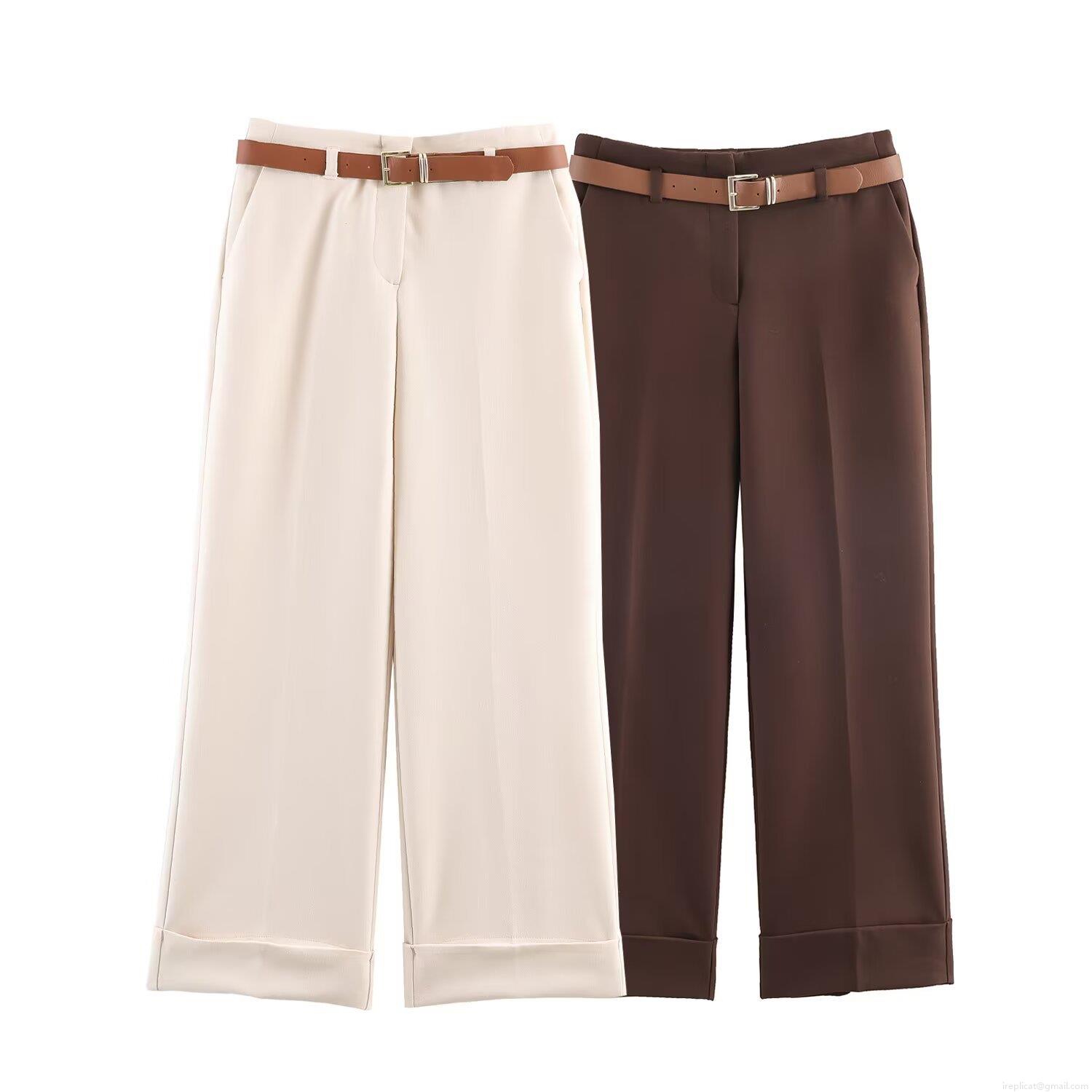 Women's High Waist Wide Leg Pants Casual Cuffed Hem Trousers With Belt Polyester Cotton Blend Minimalist Fashion Long Trousers