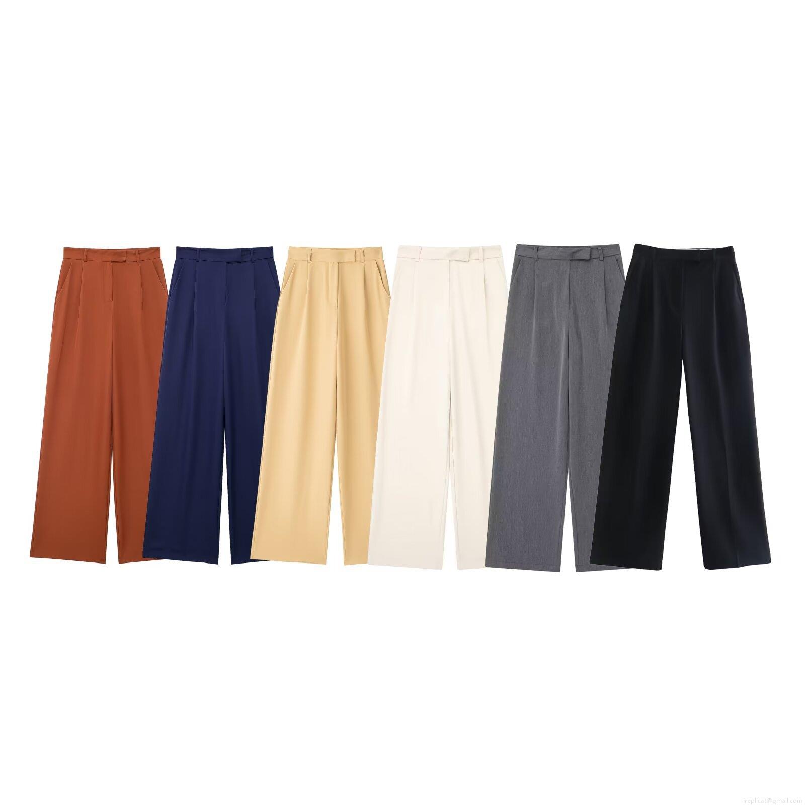 Women's High Waisted Wide Leg Pants 100% Polyester Pleated Loose Casual Trousers With Pockets For Office Streetwear Y2K Style