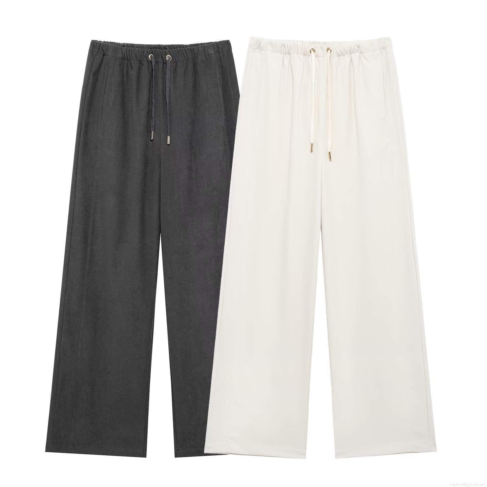 Women's Fashion Casual Wide Leg Pants 100% Polyester Solid Color Mid Waist Drawstring Long Trousers Streetwear Spring Loose Fit Bottoms