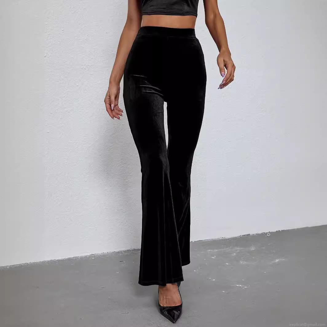 Women's High Waist Velvet Flare Pants Slim Fit Solid Black Bell Bottom Trousers Elegant Stretchy Velvet Long Pants For Commute Party Lady