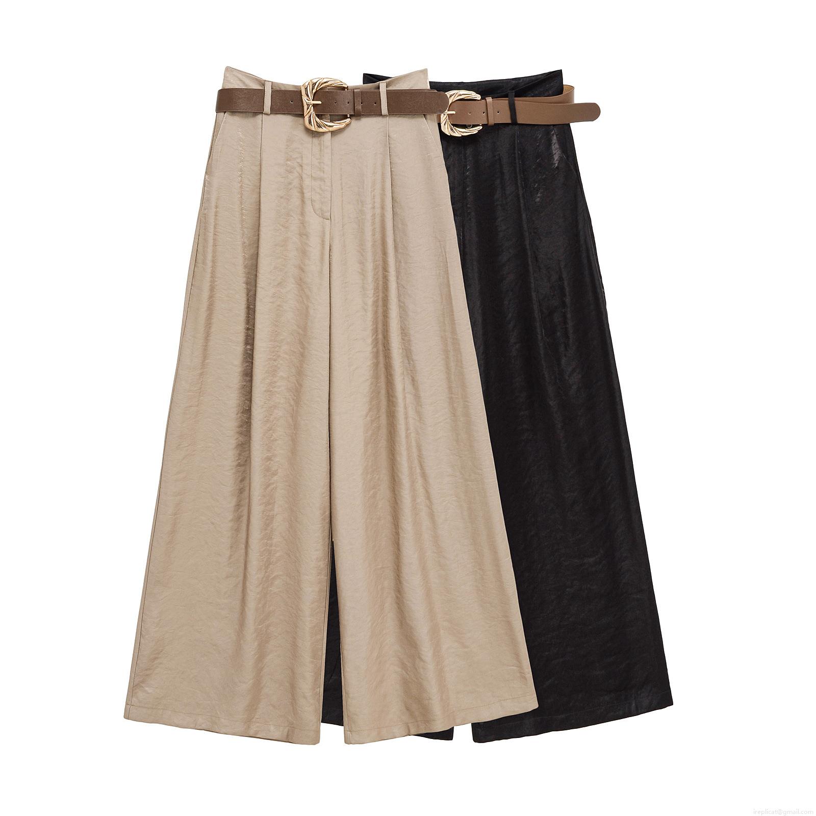 Women's High Waist Wide Leg Pants Satin Texture Loose Trousers With Metal Buckle Belt For Daily Streetwear European Style Elegant Lady Clothing