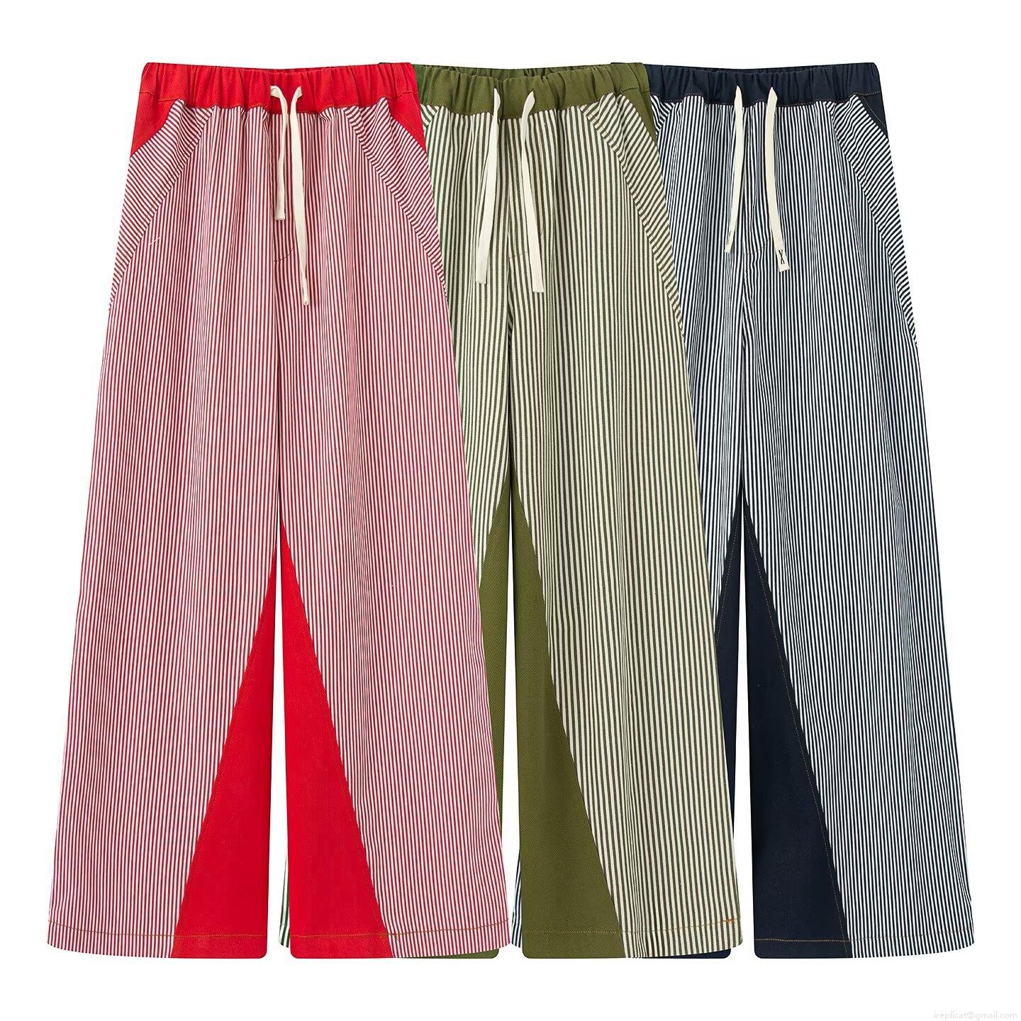 Women Striped Patchwork Wide Leg Pants Summer Casual Loose Drawstring Elastic High Waist Trousers Streetwear Fashion Bottoms