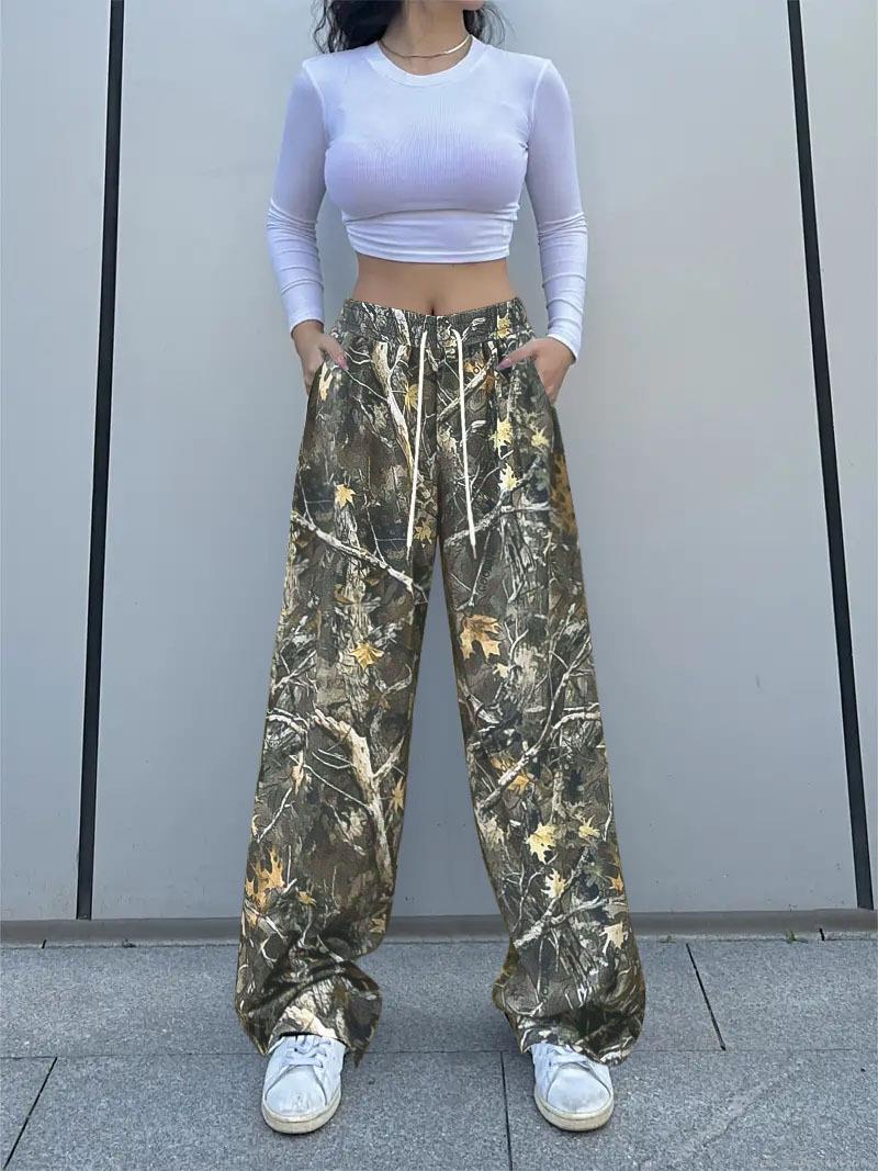 Women's Casual Camouflage Print Wide Leg Pants Elastic High Drawstring Waist Loose Straight Trousers Jungle Leaf Pattern Bottoms For Outdoor Streetwear Spring