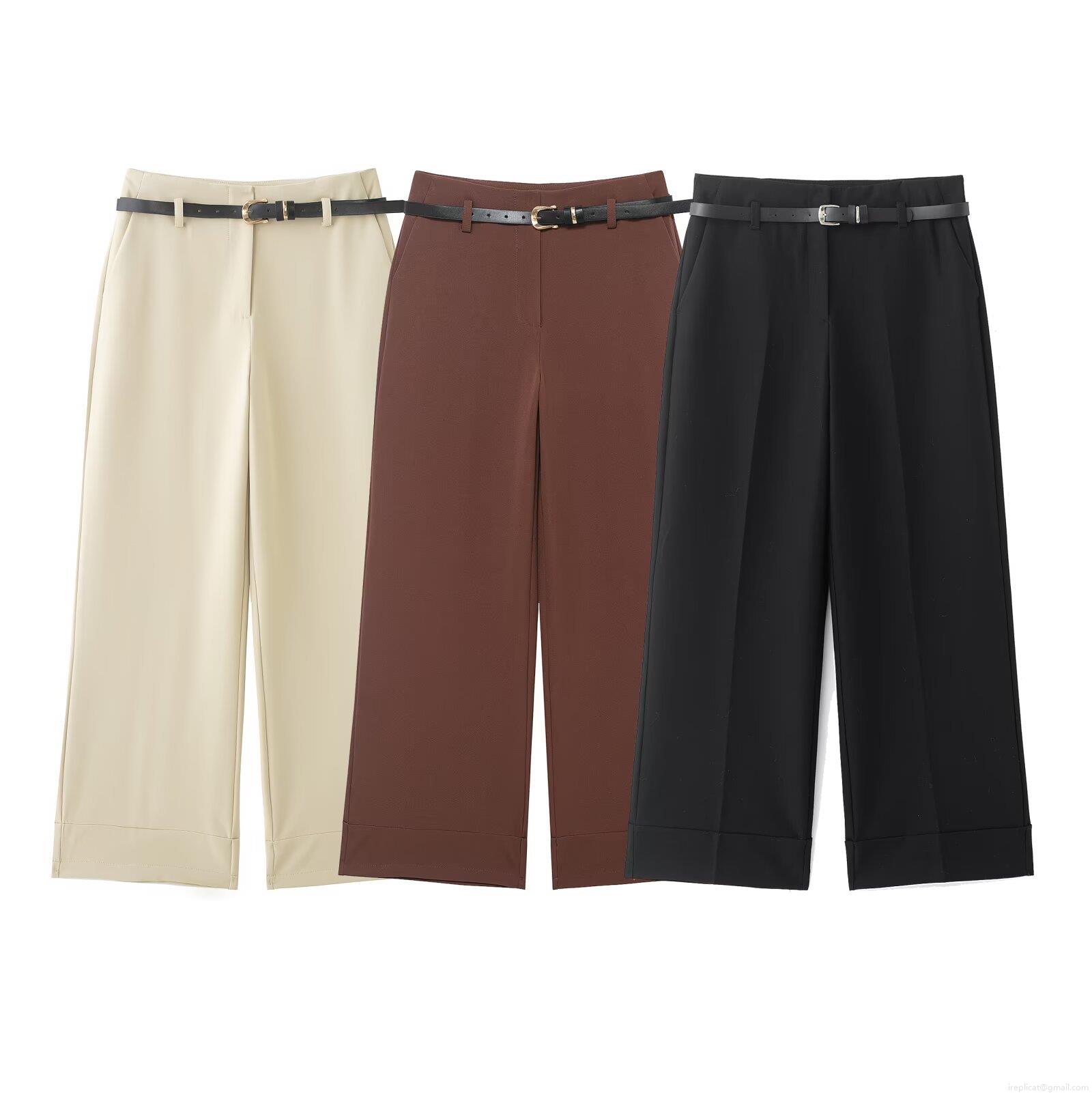 Women's High Waist Wide Leg Trousers 100% Polyester Solid Color Loose Pants With Belt For Office Work Casual Commute Elegant Ladies Fashion