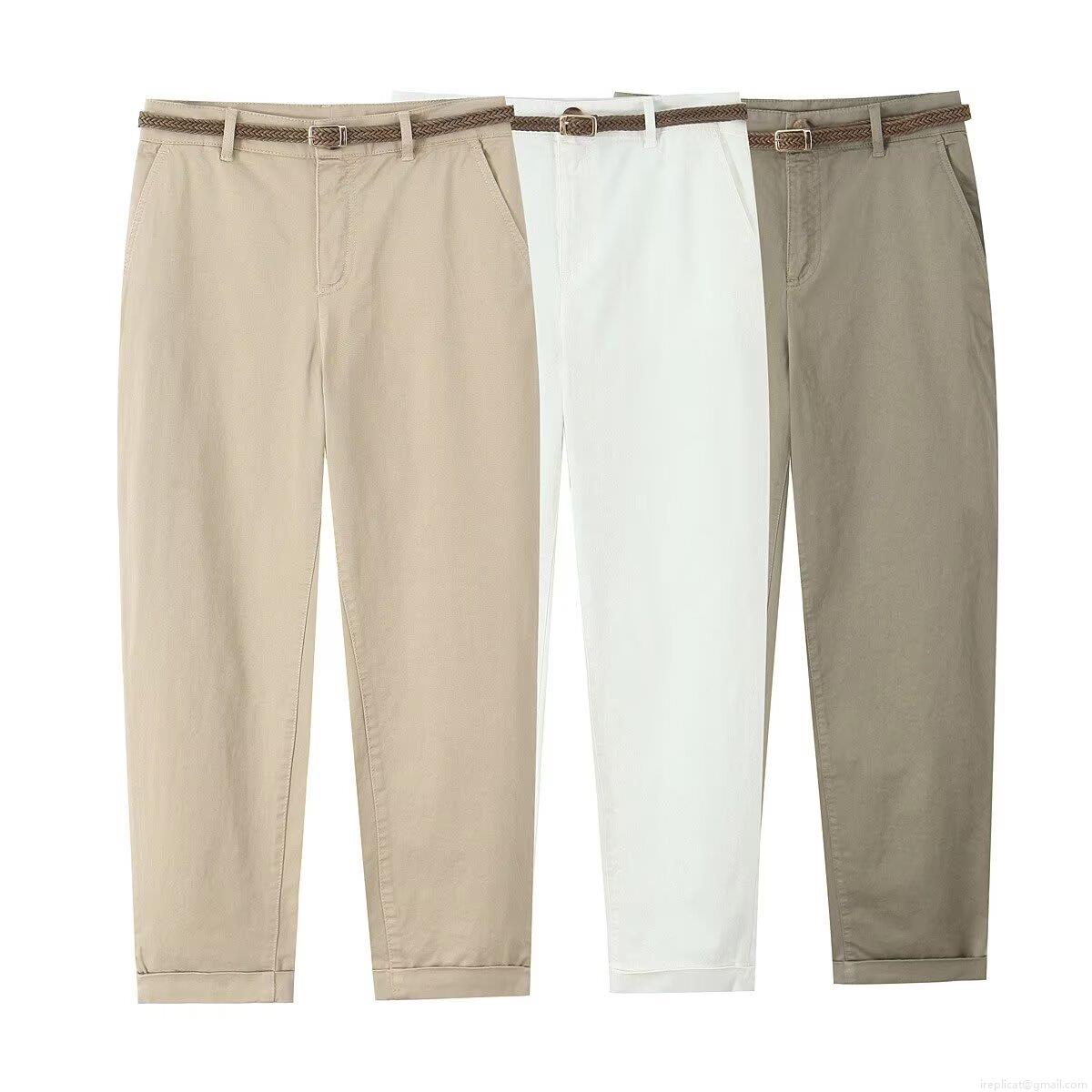 Women Casual Tapered Pants With Woven Belt Cotton Blend Polyester Spandex Slim Fit Mid Waist Solid Color Khaki White Olive Green Lightweight Breathable Long Trousers For Daily Vacation Fashion