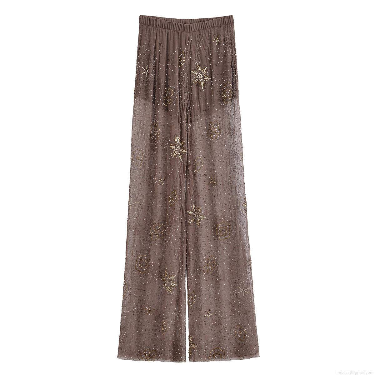 Women's Fashion Coffee Mesh Wide Leg Pants With Gold Sequins And Star Beads Elegant Sexy Sheer Club Party Long Trousers For Vacation Evening