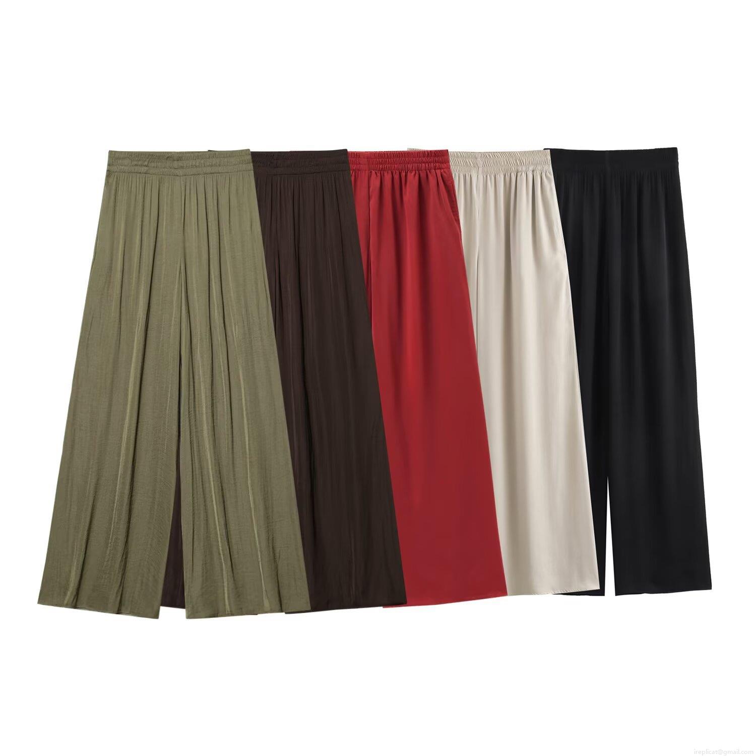 Women's Wide Leg Pants Satin Plissé Draped High Elastic Waist Loose Straight Leg Trousers Summer Casual Fashion Polyester Spandex Bottoms for Women