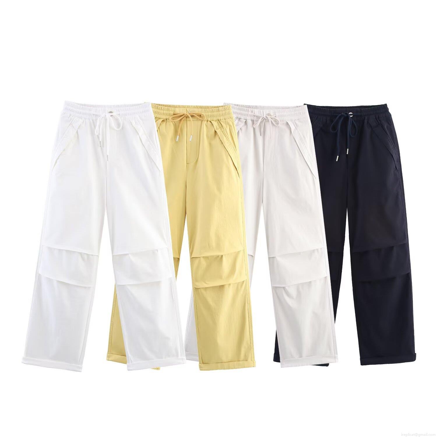 Women's Wash Cotton Cargo Pants Loose Drawstring High Waist Straight Leg Trousers Casual Streetwear Baggy Work Pants for Ladies Summer Fashion Solid Color