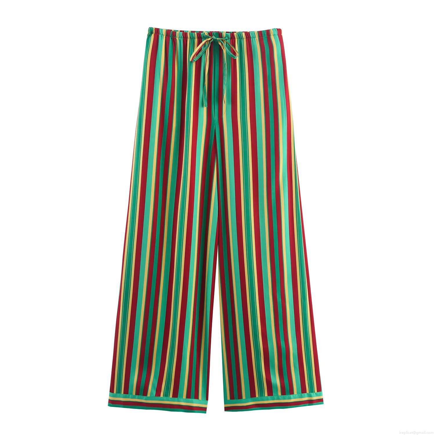 Women's Casual Wide Leg Pants Polyester Satin Vertical Stripe Drawstring Waist Loose Lightweight Trousers For Daily Streetwear Pyjama Style