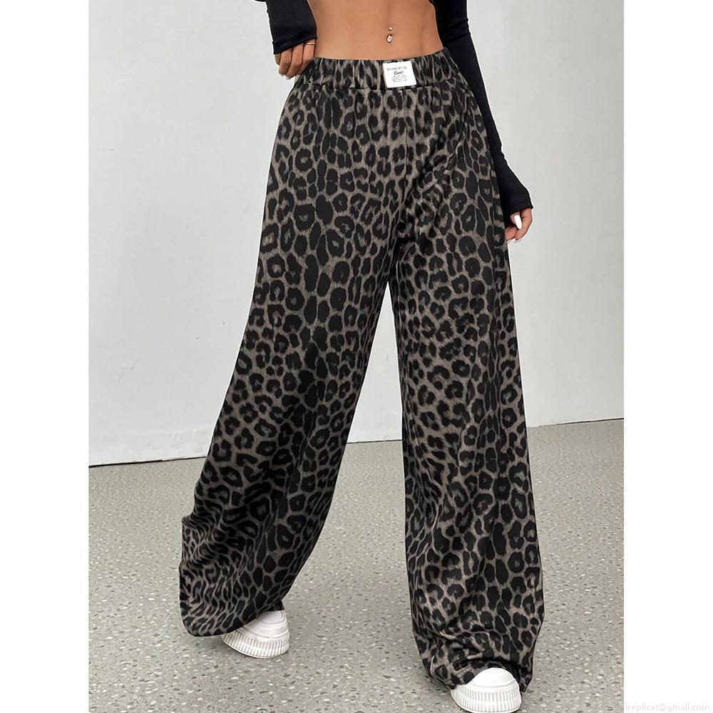 Women High Waist Wide Leg Leopard Print Pants Retro Casual Loose Straight Long Trousers Streetwear Fashion Comfortable Polyester Slacks