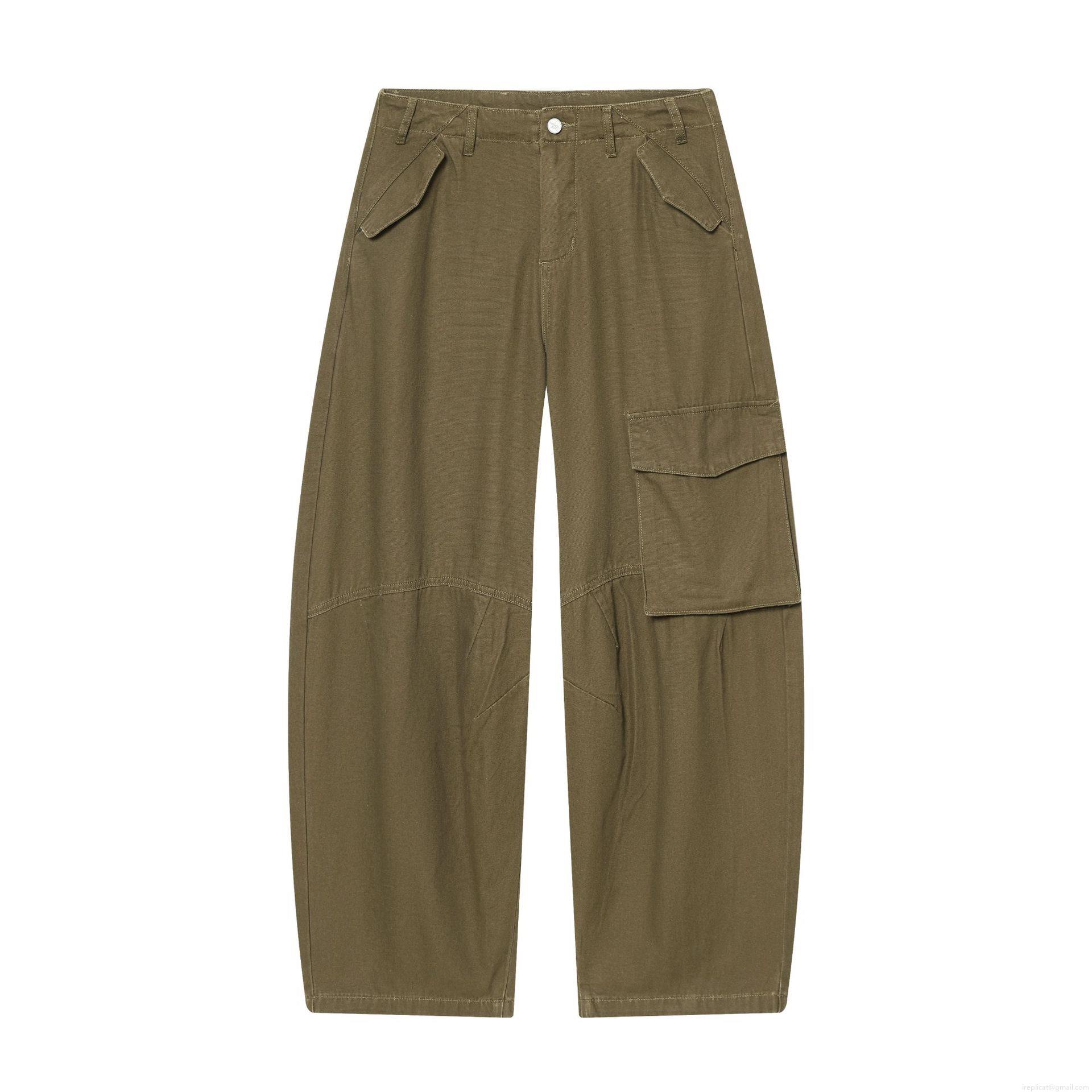Women's Casual Cargo Pants High Waist Multi-Pocket Wide Leg Heavy Twill Cotton Blend Streetwear Trousers Olive Green Solid Color Fashion Jeans