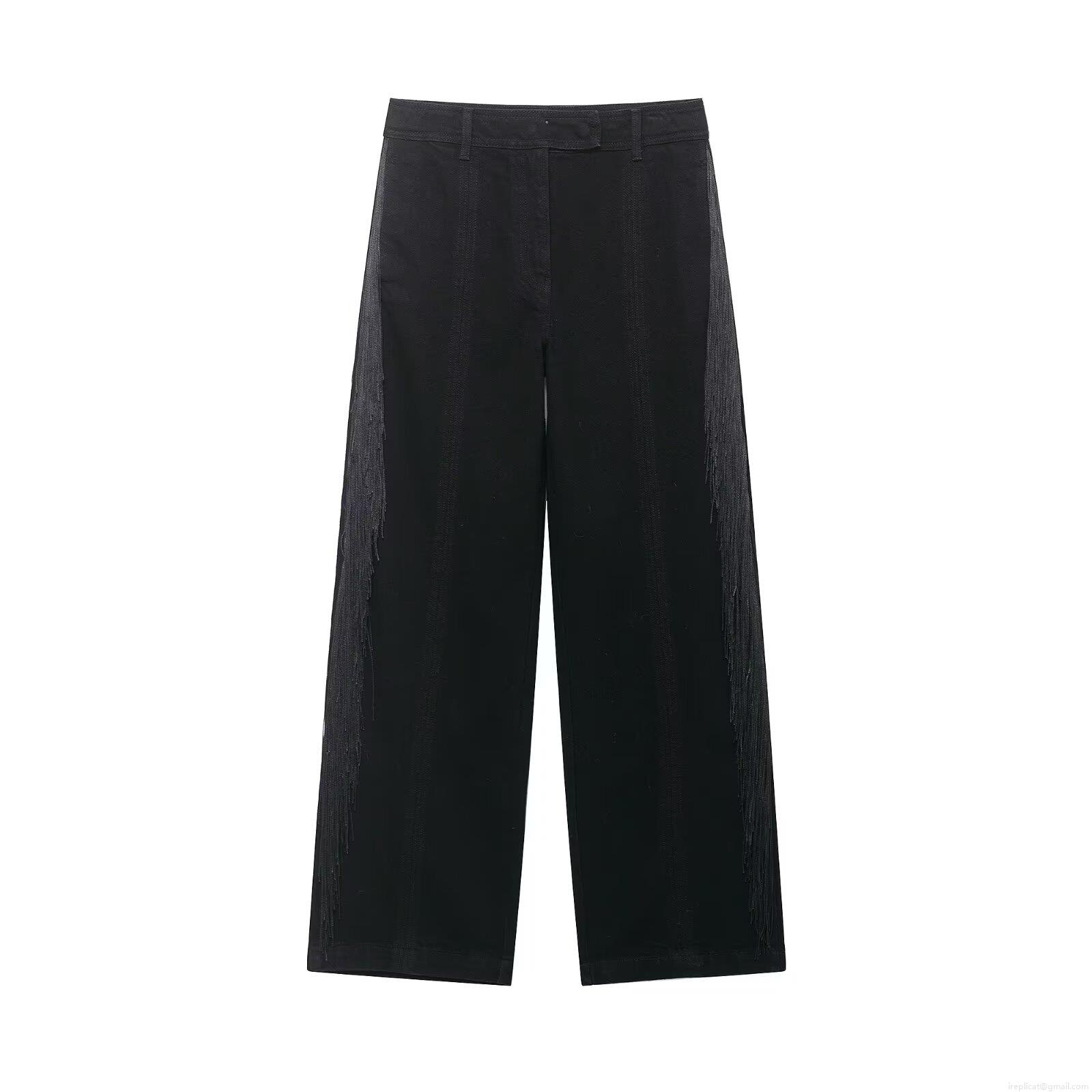 Women's High Waist Straight Pants With Side Metal Chain Fringe Tassel Fashion Casual Polyester Trousers For Party Clubwear Rock Style Black