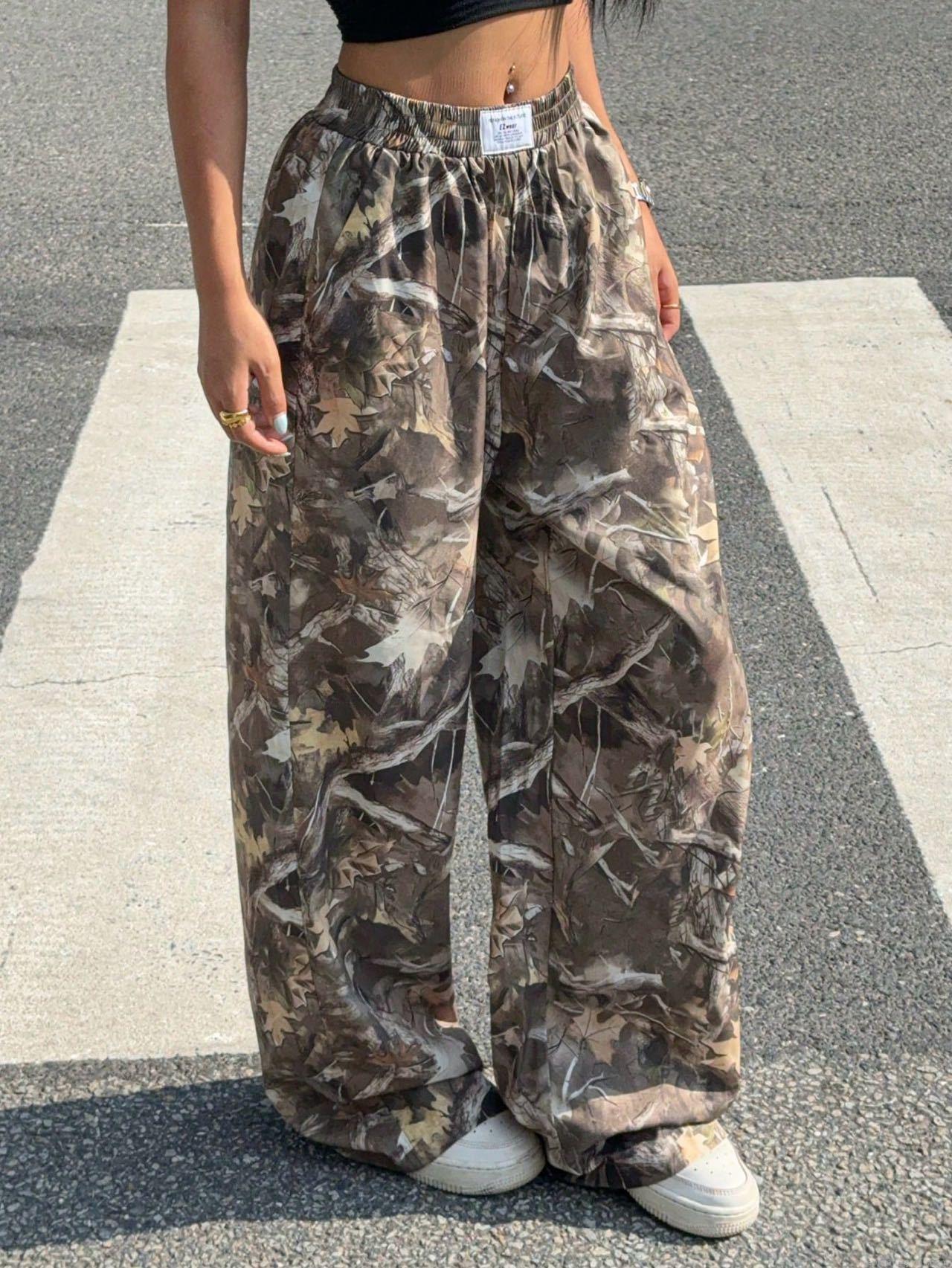 Women High Waist Wide Leg Pants Camouflage Leopard Gingham Printed Loose Casual Streetwear Trousers Y2K Street Fashion Dragging Long Pants For Women