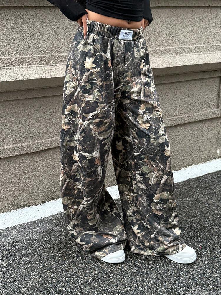 Women's American Retro Branch Print Cargo Pants Wide Leg Casual Trousers Loose Fit High Waist Streetwear Straight Leg Pants Cotton Blend Camouflage Sweatpants for Spring Autumn