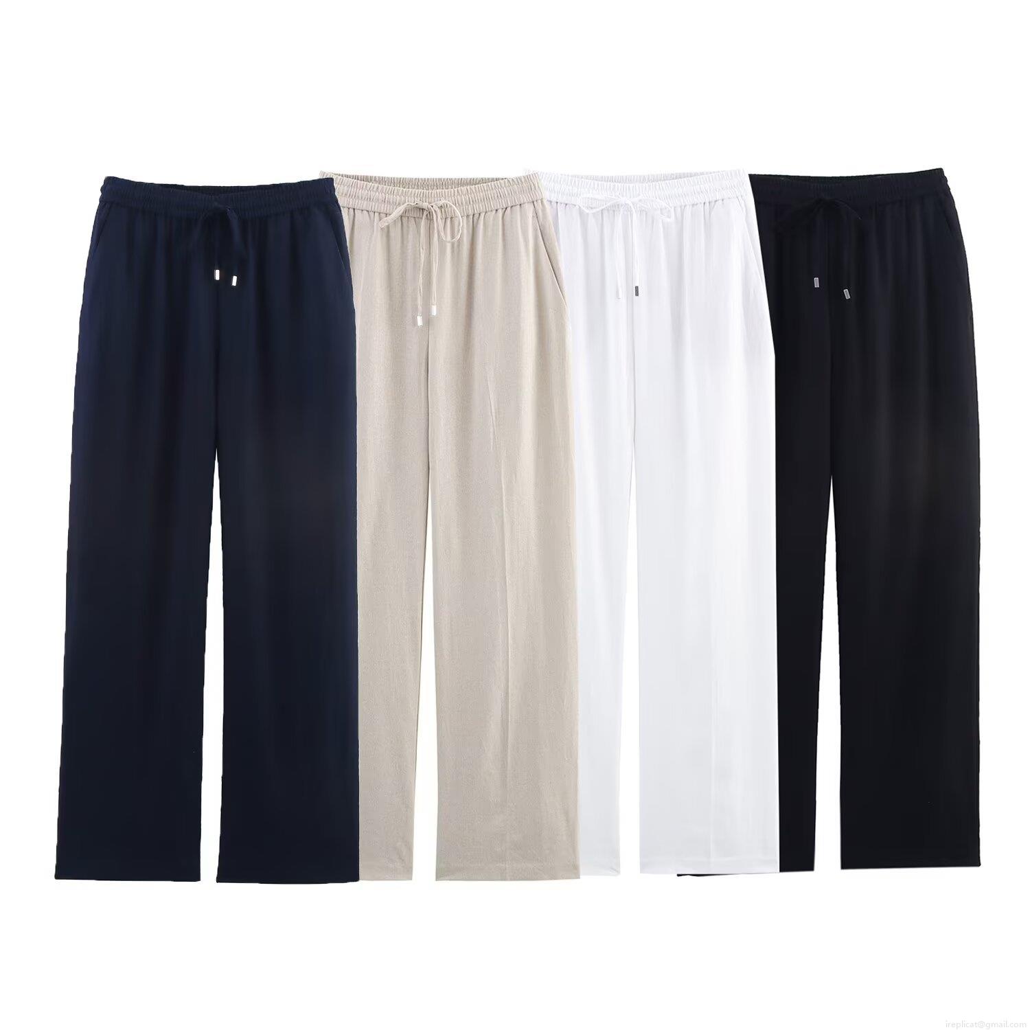 Women's High Waist Straight Leg Pants Linen Blend Casual Loose Drawstring Trousers Retro INS Style Solid Color Fashion Bottoms for Ladies