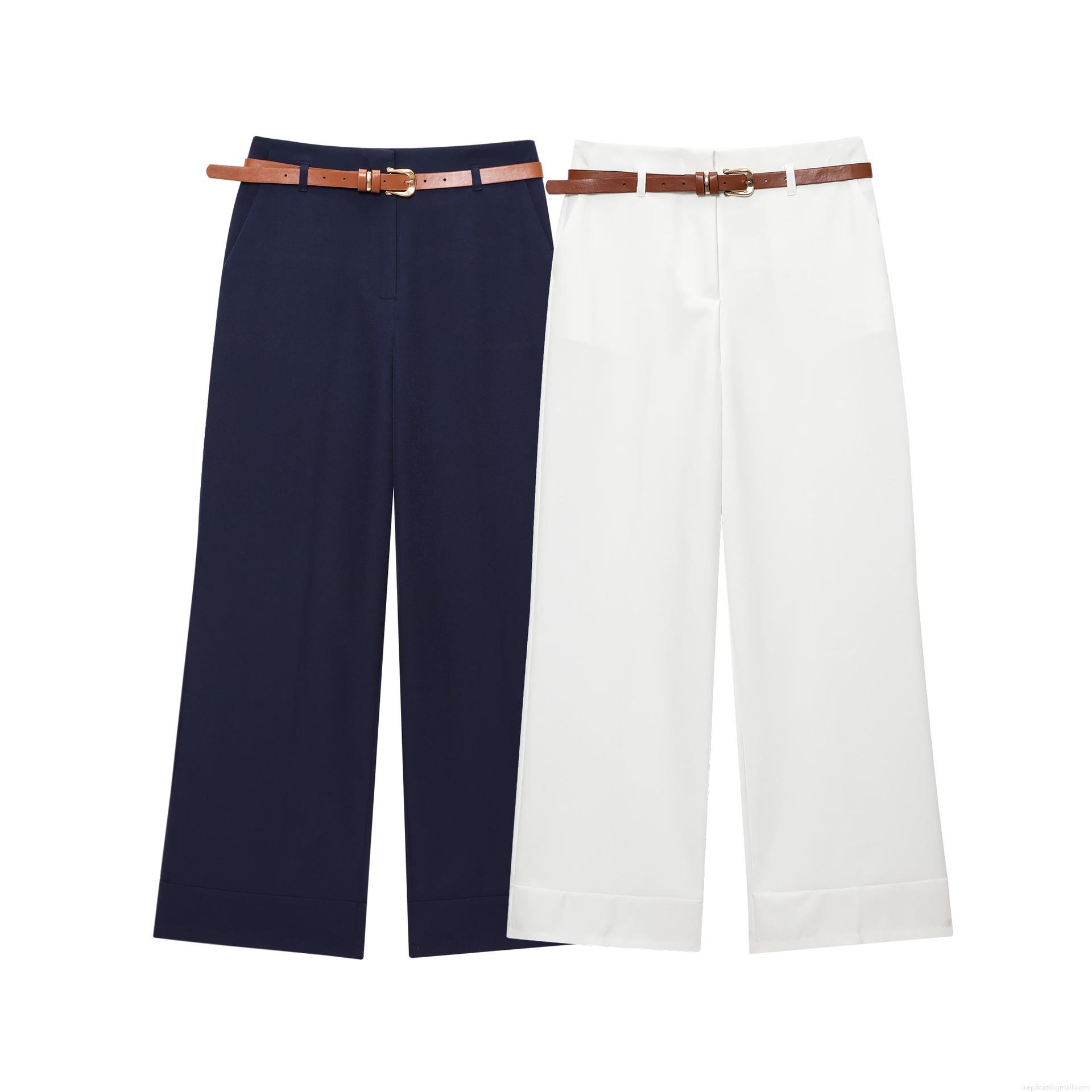 Women High Waist Wide Leg Casual Pants With Belt Solid Color Elegant Office Trousers Comfortable Woven Polyester Bottoms Classic Straight Long Trousers
