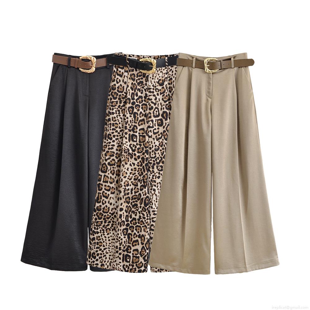 Women's High Waist Wide Leg Pants With Belt Elegant Satin 100% Polyester Leopard Print Khaki Black Office Casual Trousers Comfortable Straight Leg Fashion Pants