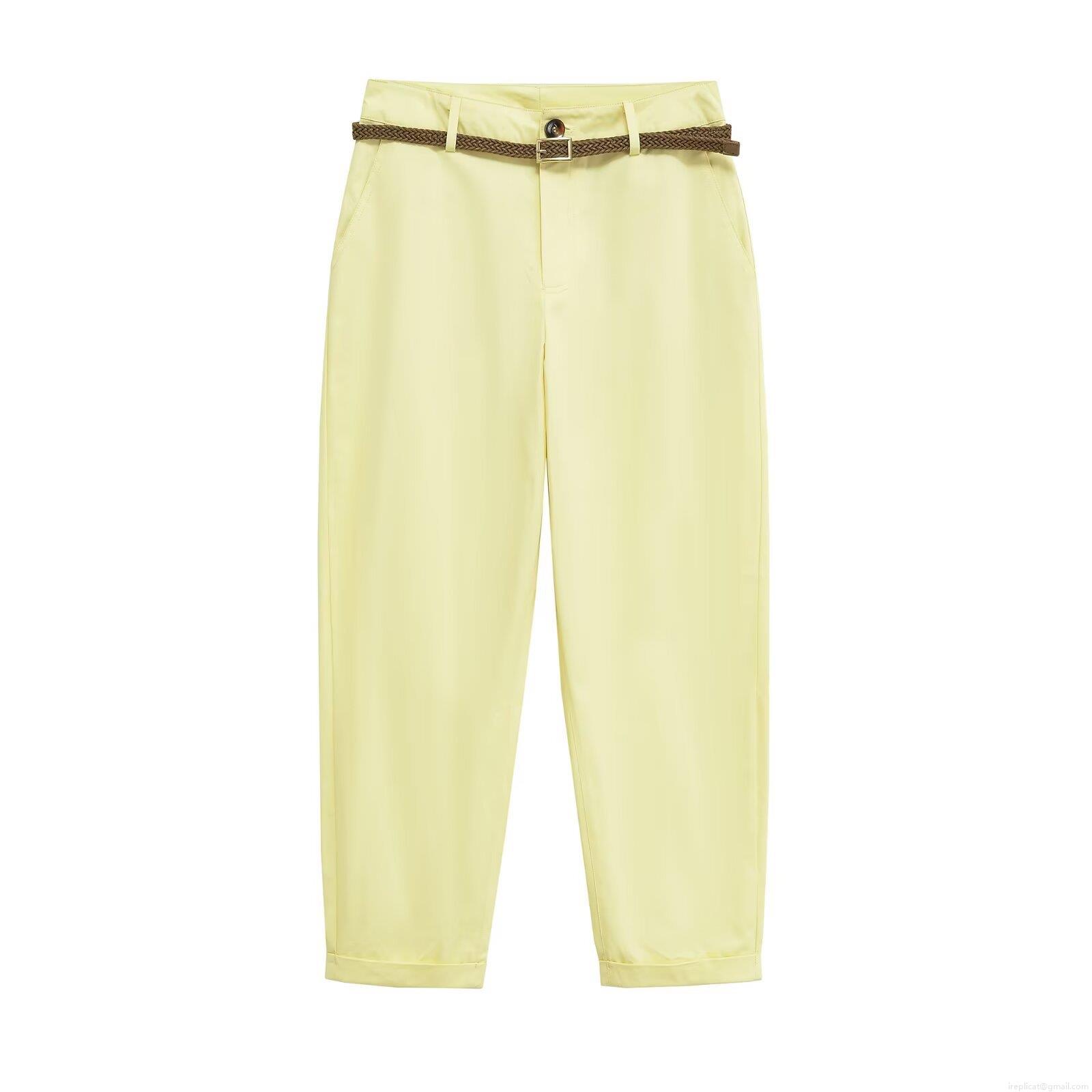 Women High Waist Tapered Casual Pants With Woven Belt Solid Color Straight Leg Trousers For Lady Office Daily Wear Polyester Blend