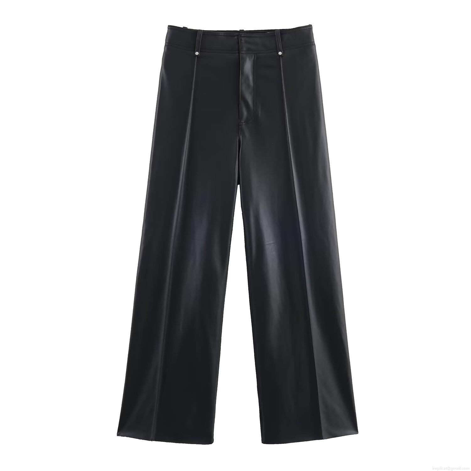 High Waisted Women's Faux Leather Wide Leg Pants Fleece Lined Solid Color PU Leather Straight Leg Trousers For Daily Office Casual
