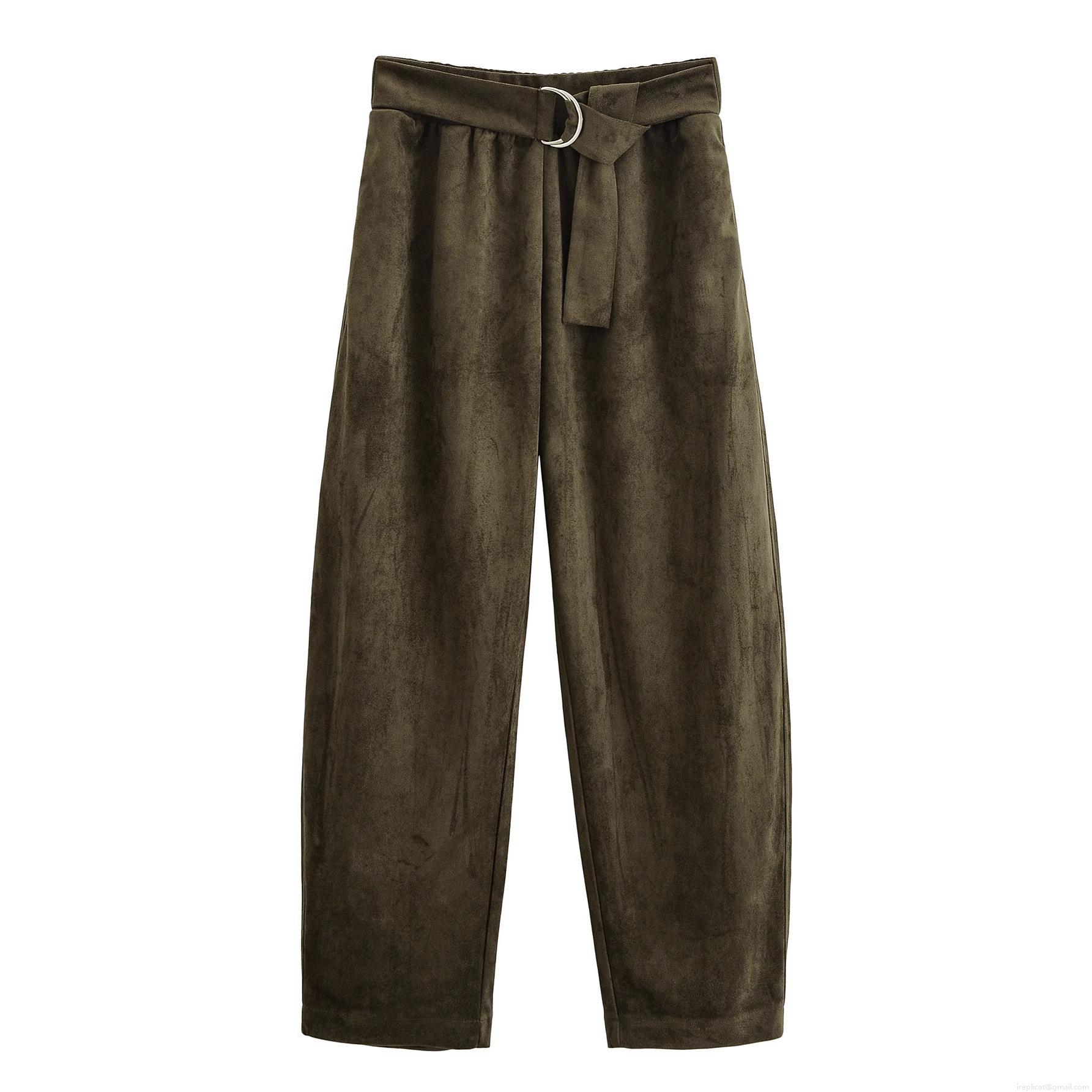 Women's Faux Suede Straight Leg Pants High Waist Elastic Waist Trousers With Belt Olive Green Casual Office Wear Fashion Lady