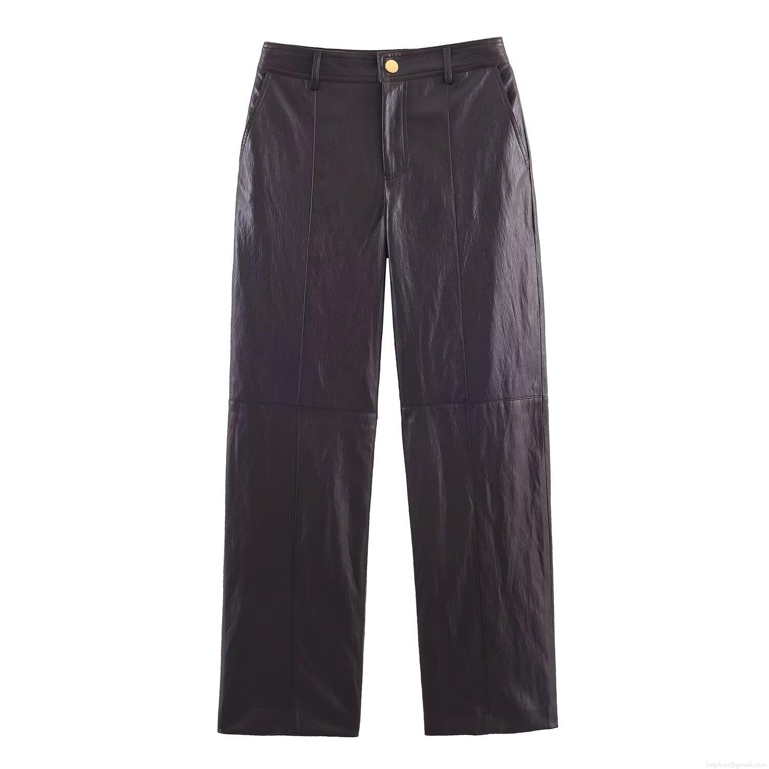 Women's High Waisted Faux Leather Straight Leg Pants Trendy PU Leather Trousers With Pockets Elegant Casual Long Pants Streetwear For Women